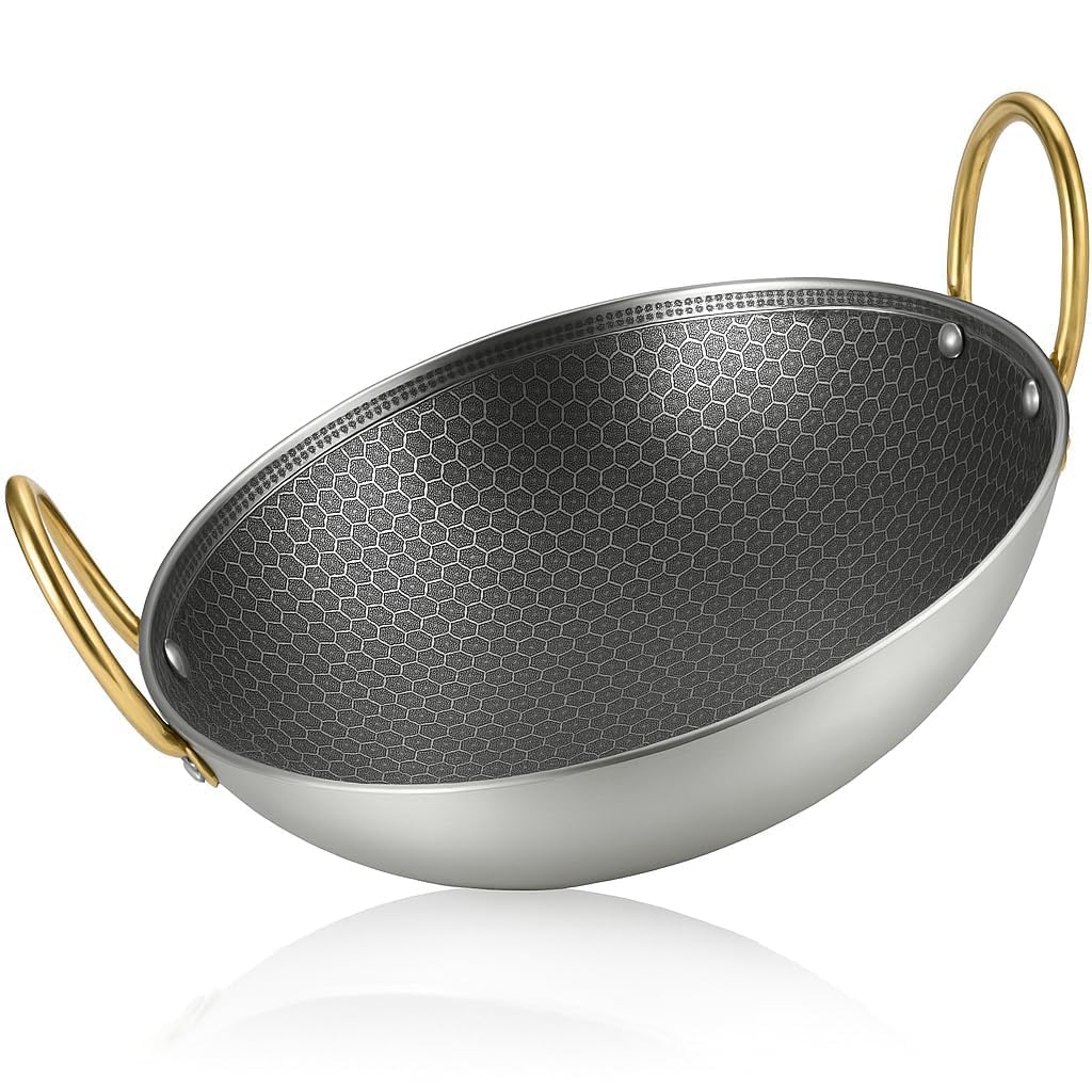 Crega Honeycomb Non Stick Kadhai with Golden Handles | Stainless Steel Wok Pan with Tri Ply Base | Induction Compatible Deep Fry Pan | Hexagon Nonstick Chef Kadai for Curry, Sabzi, Frying, Sauteing-image-24