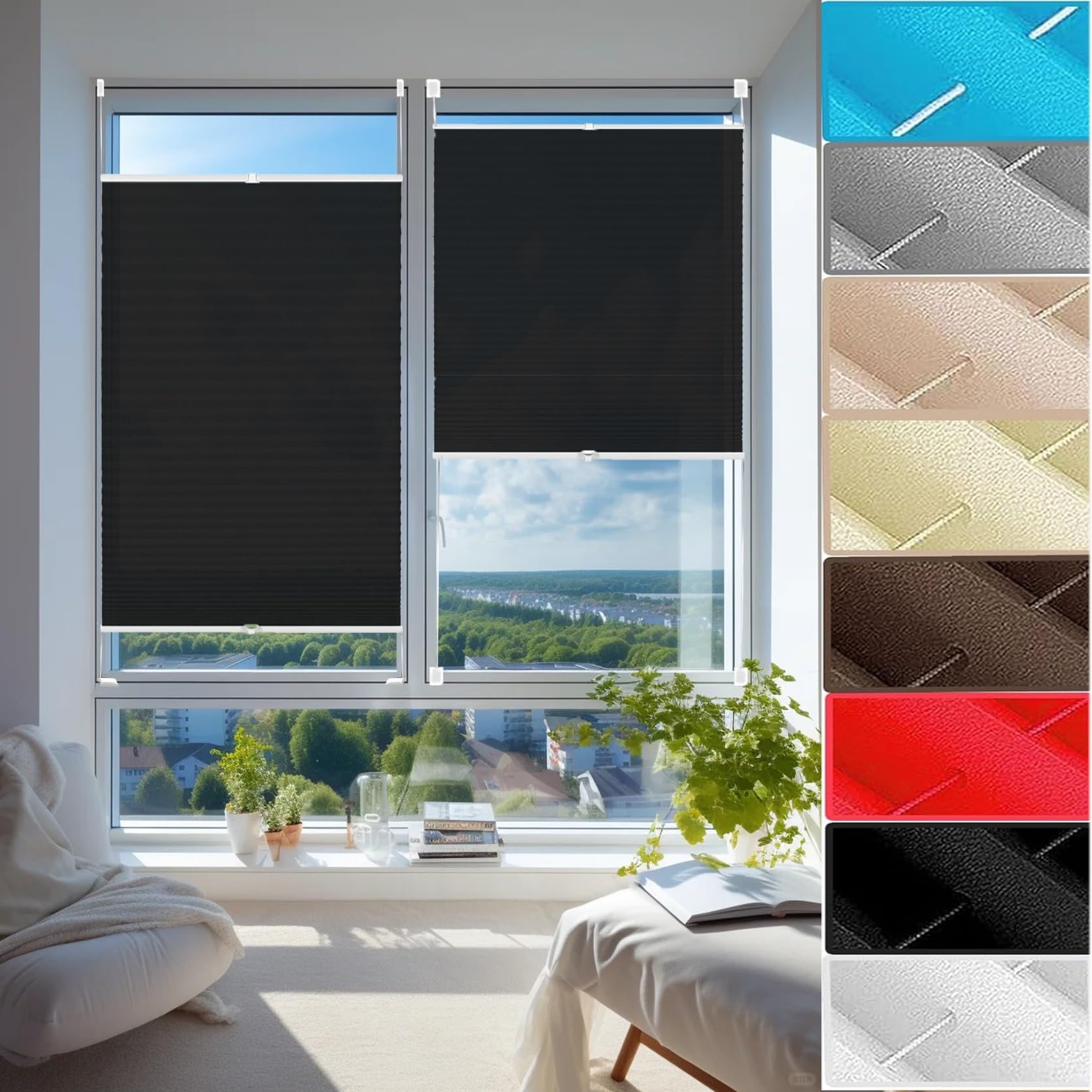 Stick on Blinds for Windows with Clips 80 x 100 cm (W x H), No Drilling, Translucent, Crushed Look, Temporary Window Blinds Cordless, Pleated Window Shades, for Window Door, Black