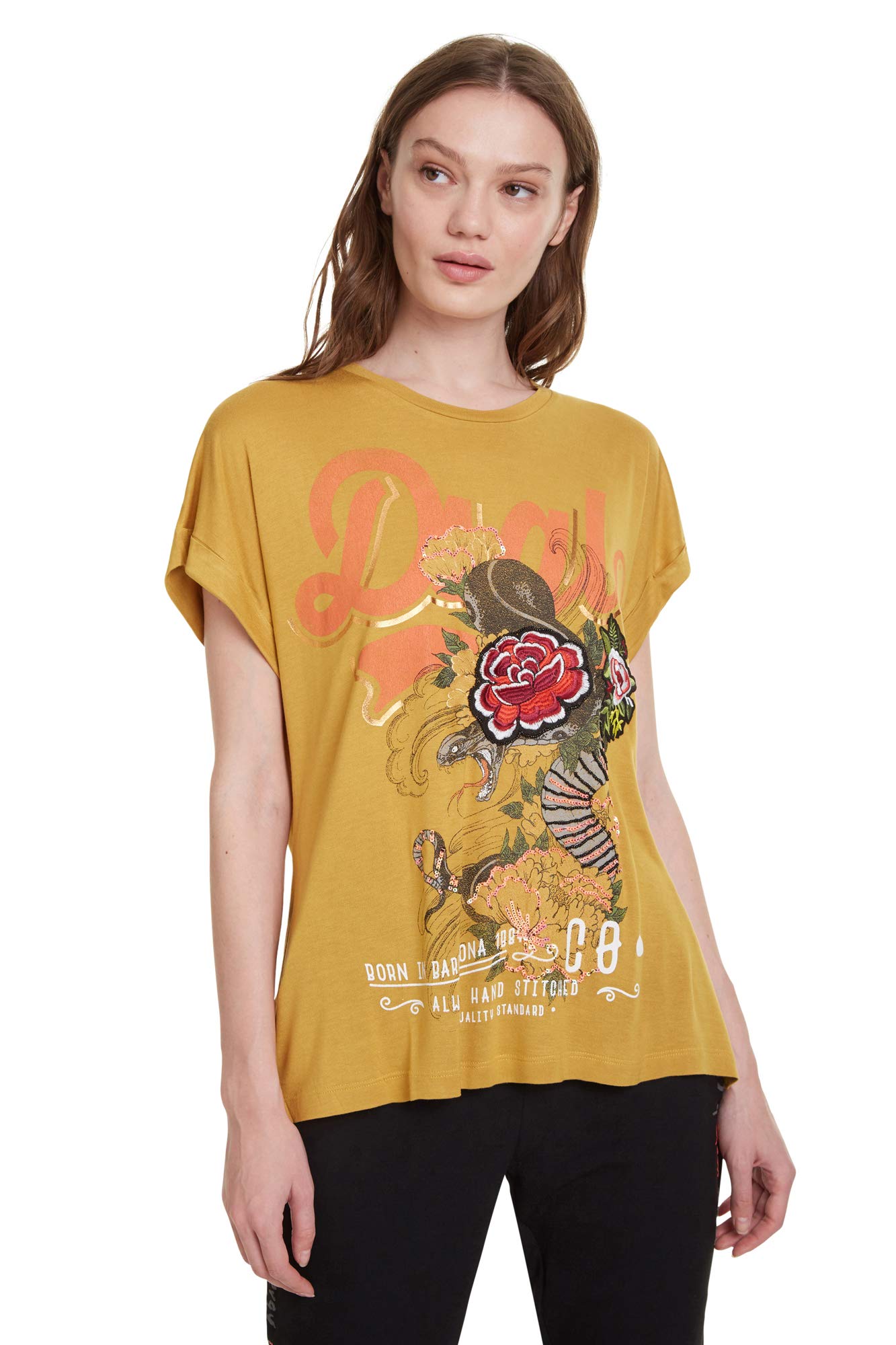 Desigual Women's Mustard Ella Tshirt With Snake & Rose Design Xl
