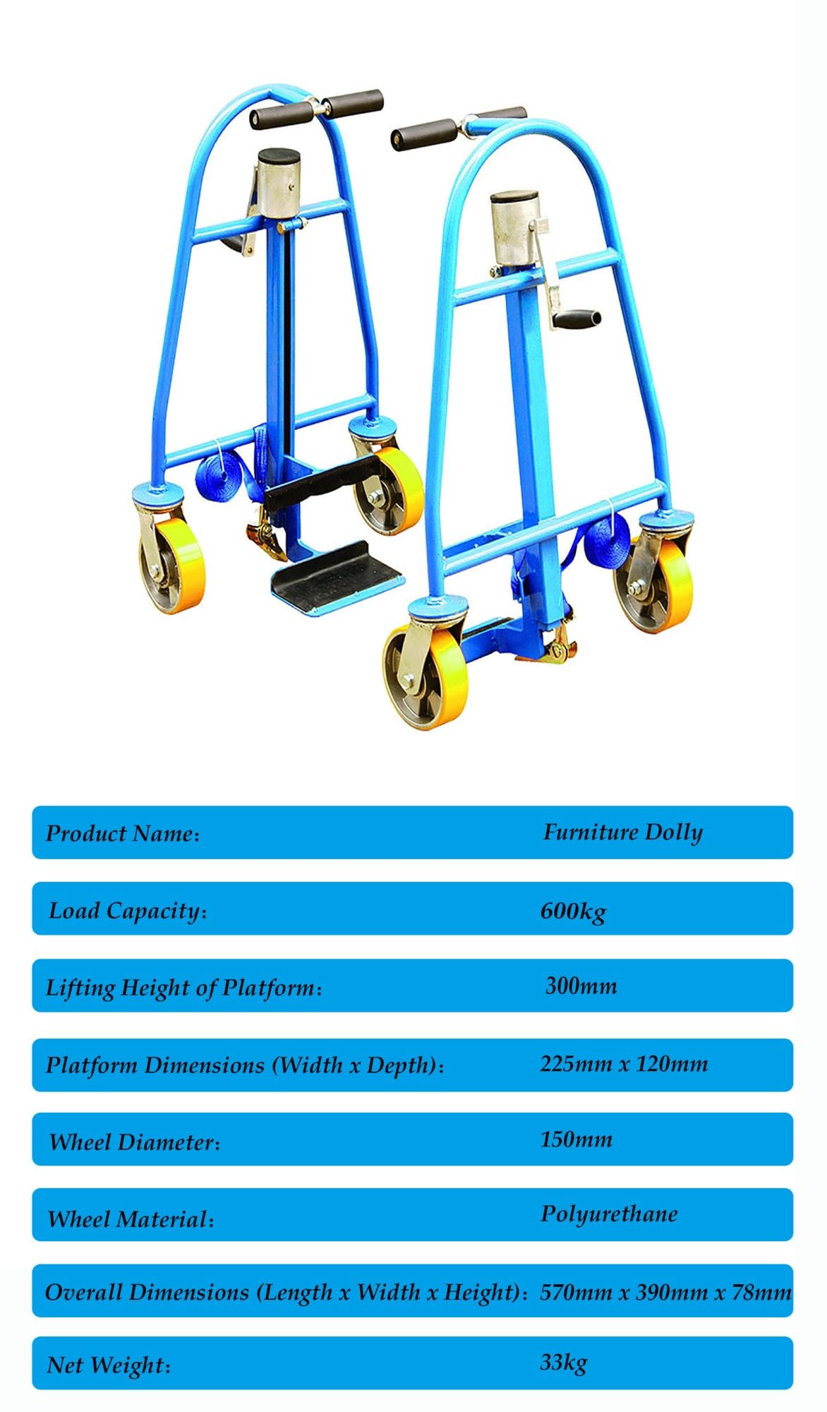 Carrello manuale per movimentazione mobili, capacità 600 kg, con 4 ruote, carrello resistente per spostare oggetti pesanti (set da 2)