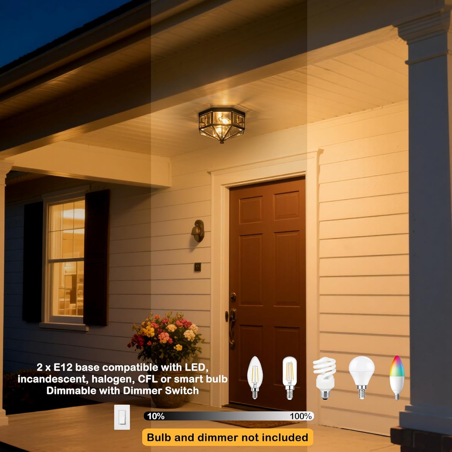 Flush Mount Ceiling Light Fixture, 2-Light Copper Outdoor Ceiling Lights, Octagonal Flush Mount Light with Clear Glass, Black Close to Ceiling Light for Hallway Bedroom Porch Balcony