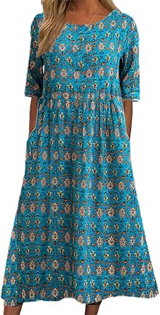 Womens Summer Boho Floral Flowy A Line Midi Dress Casual Loose Short Sleeve Beach Vacation Dress with Pockets