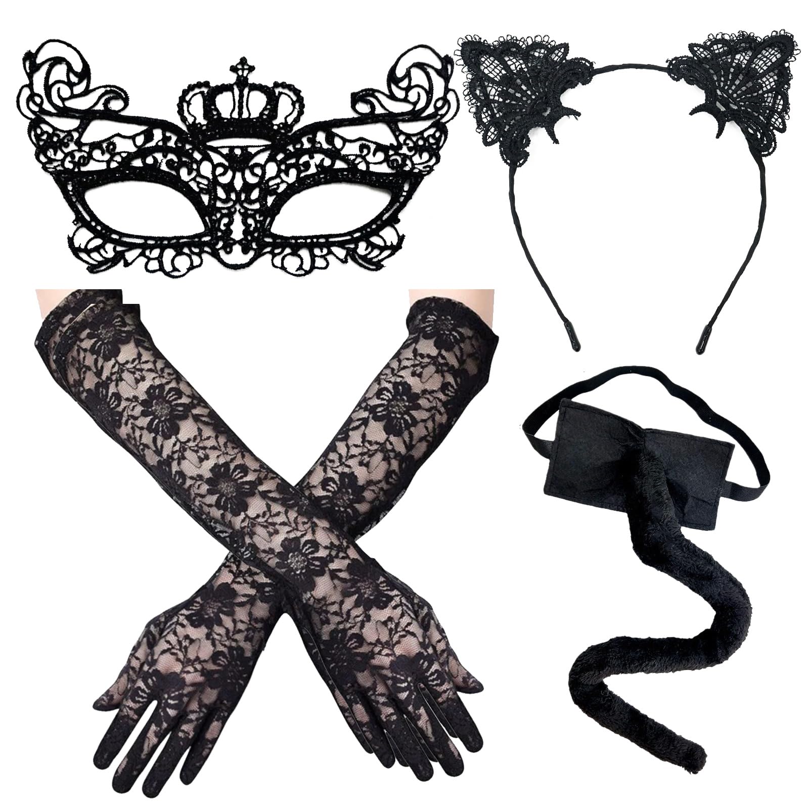 4 Pcs Black Cat Cosplay Costume, Halloween Lace Cat Ears Headband, Cats Tail Choker Necklace Masquerade Masks Sexy Elastic Long Fishnet Gloves for Halloween Catwoman Costume Accessories for Women