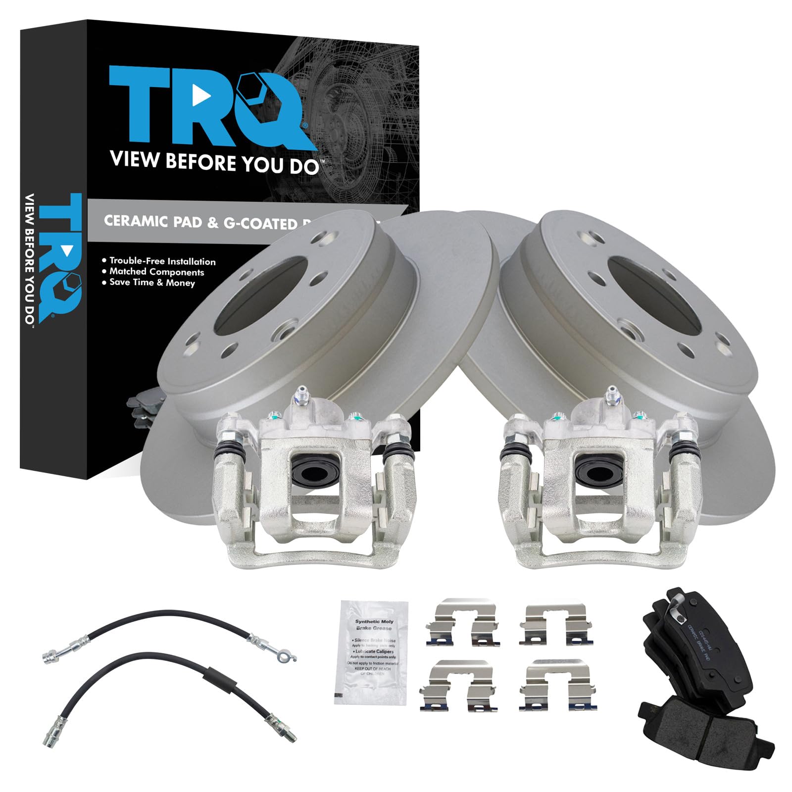 TRQ Rear Brake Pad and Rotor Set Ceramic Coated Calipers Hoses Compatible with 2014 Kia Optima