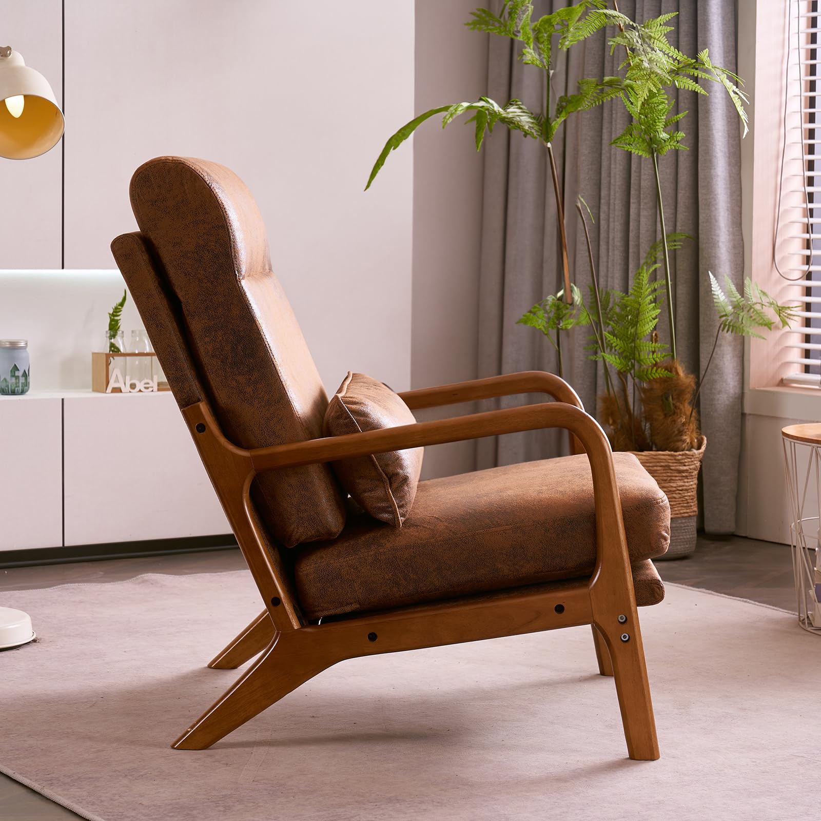 LEADZM Fauteuil de Salon avec Cadre en Bois Massif Fauteuil Lounge, Fauteuil Relax Scandinave, Dossier Haut, pour Salle à Manger, Salon, Chambre, Siege Bureau (Marron)