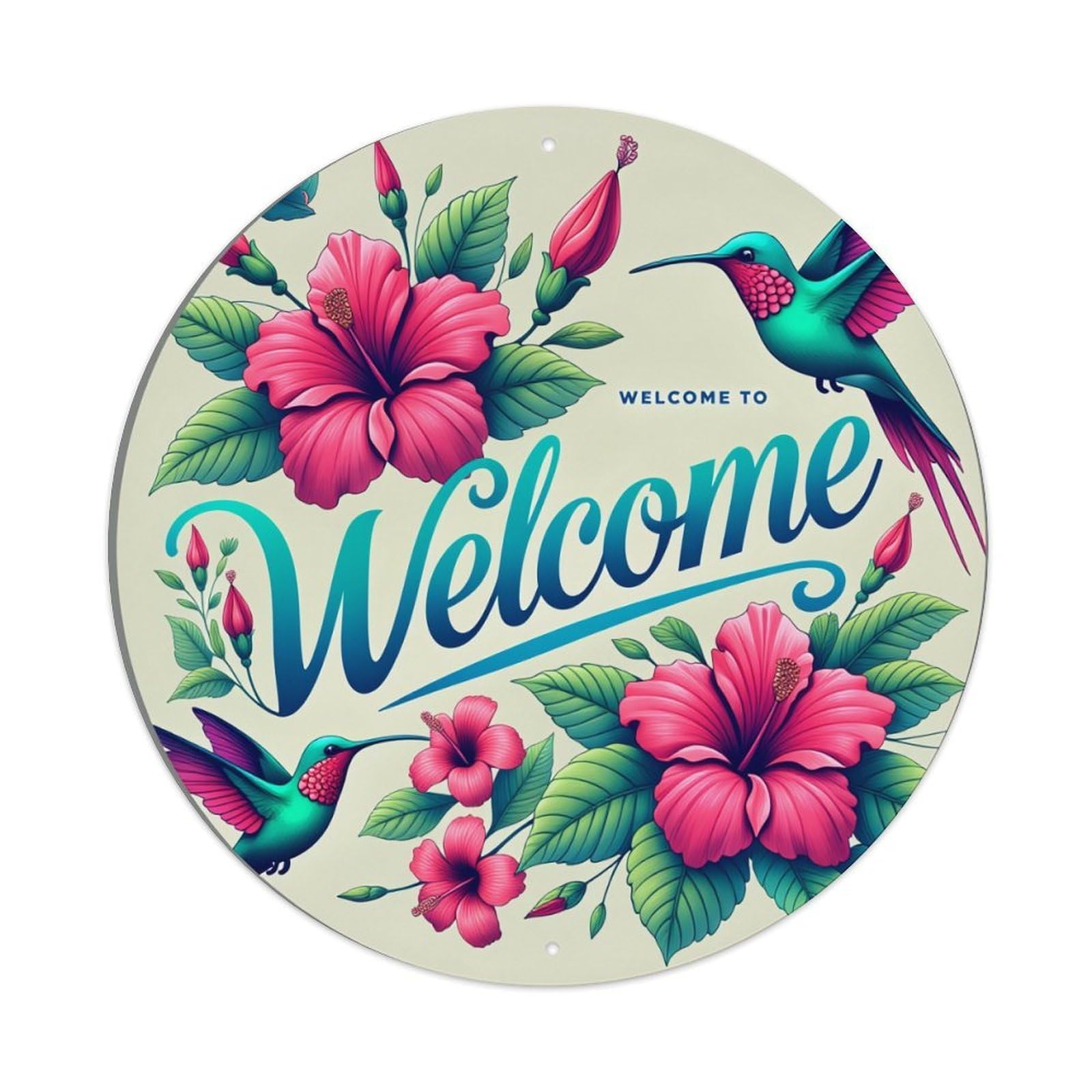 Floral Hummingbird Welcome Design Pattern Round Tin Sign Vintage Metal Poster, Home Bar Garage Man Cave Cafe Indoor & Outdoor Wall Decoration 8x8Inches