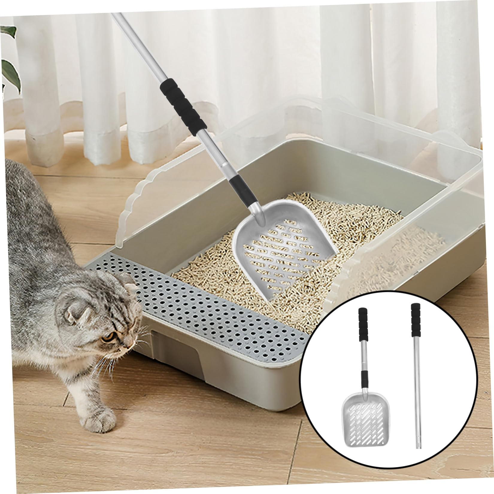 YARNOW Paletta Lettiera Gatto in Acciaio Inossidabile con Manico Lungo e Filtro a Setaccio Riutilizzabile per Pulizia Rifiuti Animali Domestici in Casa Argento