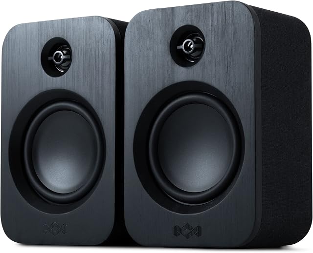 House of Marley Get Together Duo Bluetooth Bookshelf Speakers - Sustainably Crafted, Wireless Turntable Speakers, Mains Powered or 25 Hours Battery Life, AUX In - Amazon Exclusive Black Edition