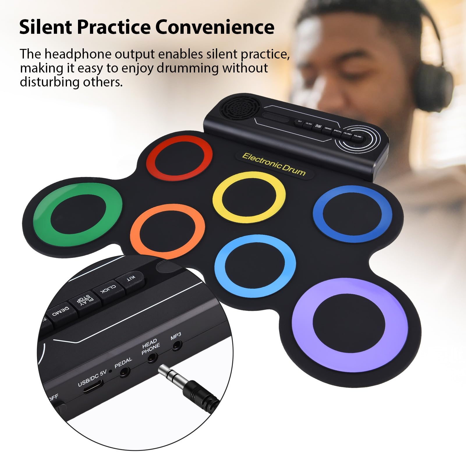 Focket Set di Tamburi Elettrici, Kit di Batteria Elettronico Ricaricabile Ricaricabile con Pedale per Musica Latina Pop Rock, Set di Tamburi Desktop Portatile per Principianti (Colorful)