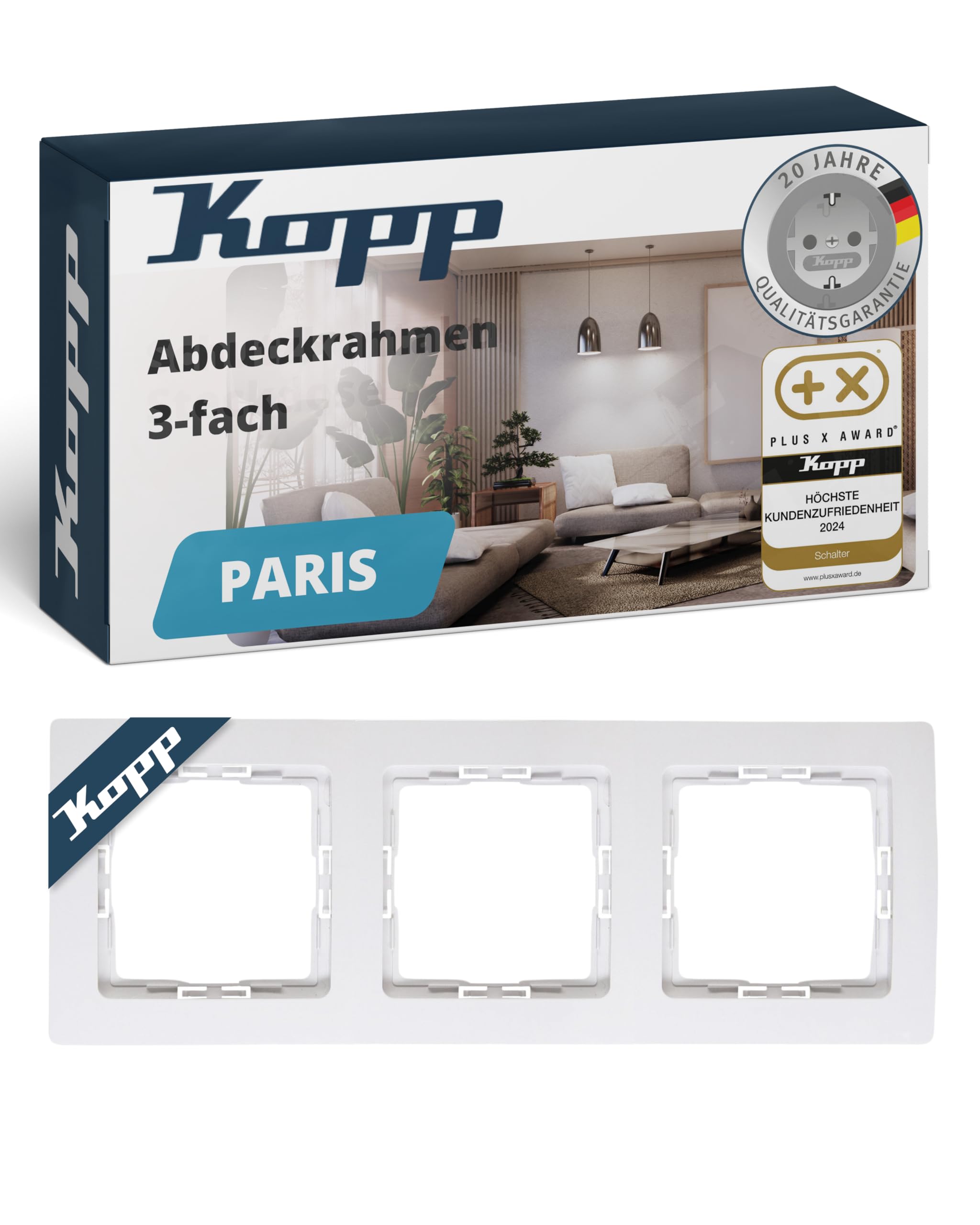 Kopp PARIS 3-fach Abdeckrahmen in Arktis-Weiß - 8,3 x 22,5 cm - Rahmen für Steckdosen & Schalter - Stilvoller Steckdosenrahmen aus Kunststoff - Hochwertiger Lichtschalter-Rahmen