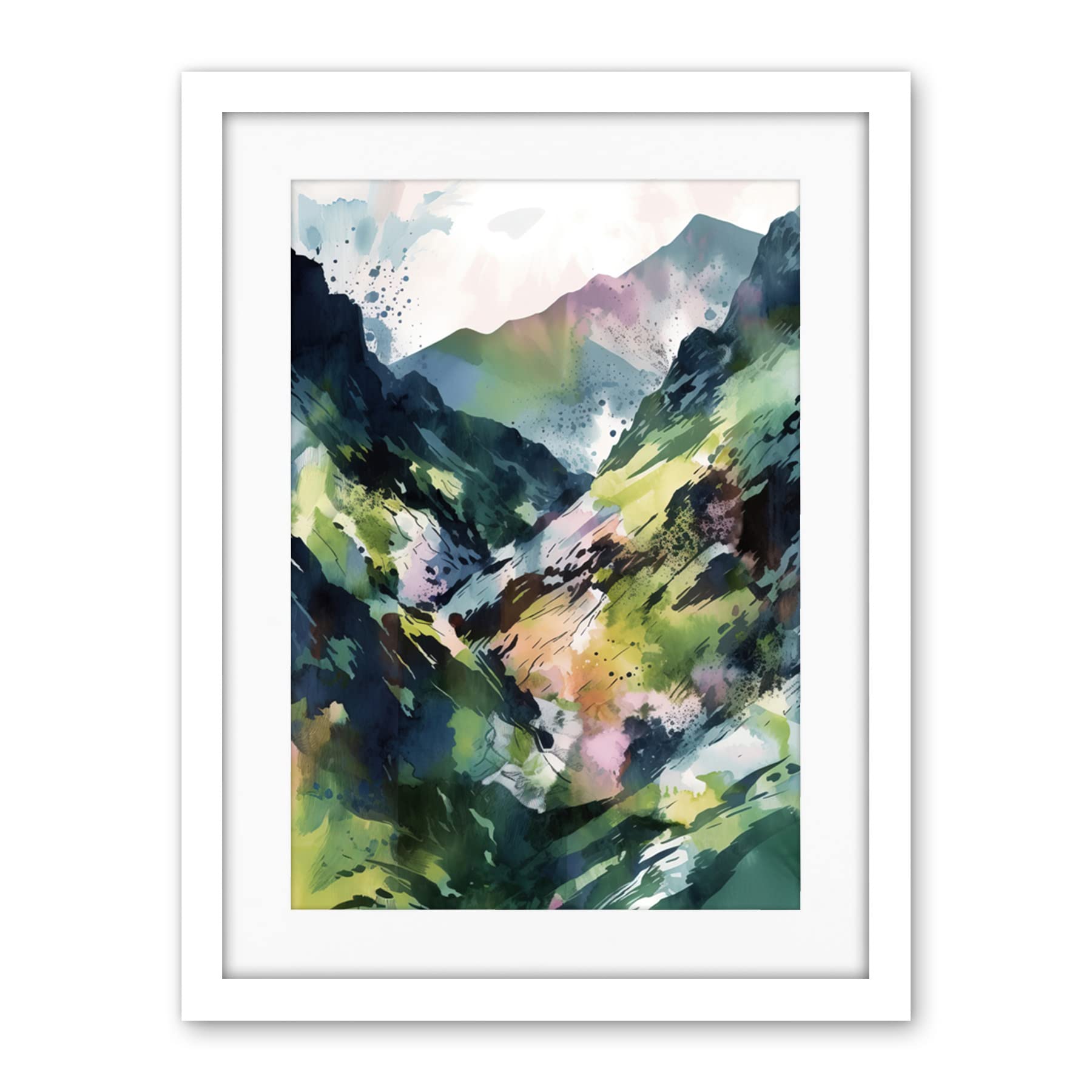 Artery8 Spring Mountain Slope Landscape Modern Linocut Illustration Print Artwork Framed Wall Art Print 18X24 Inch