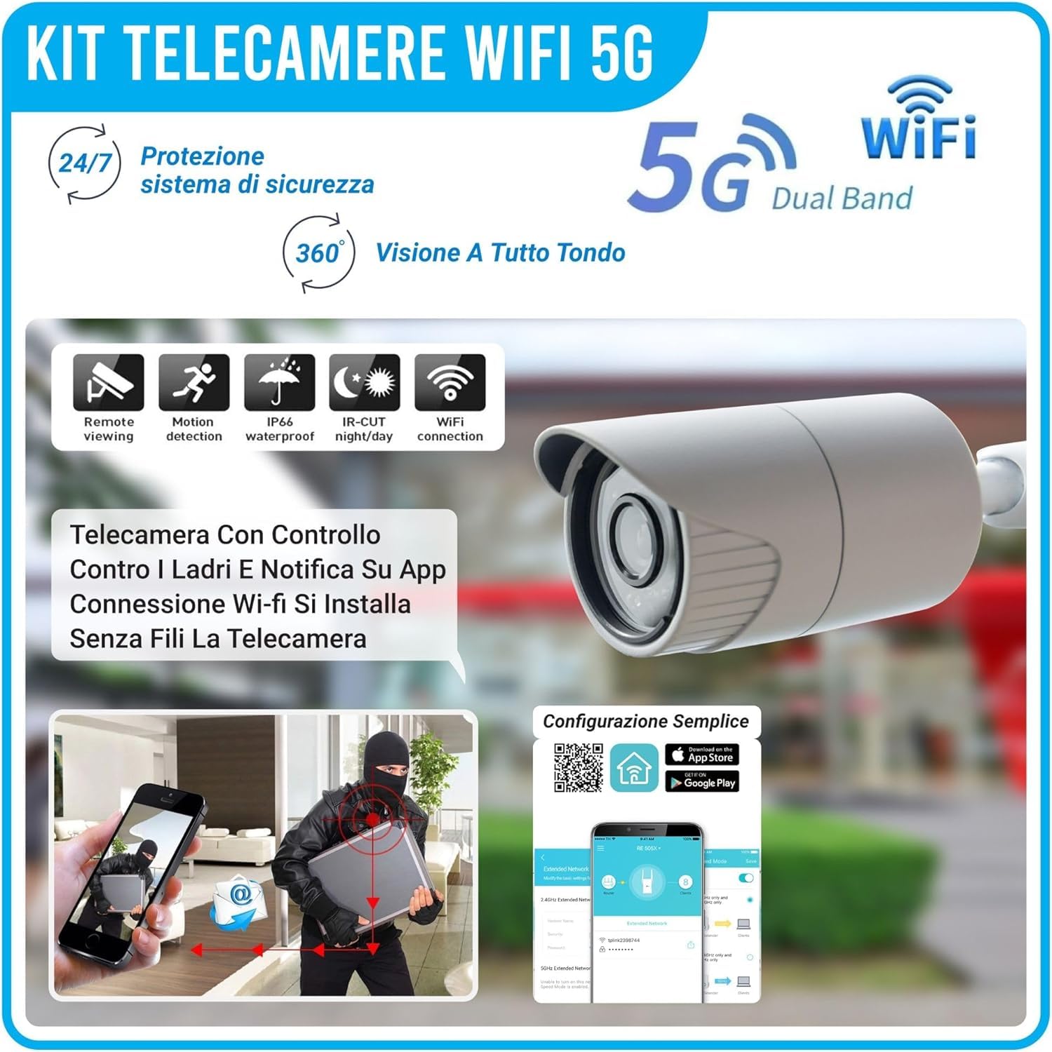 DE ROSA SHOP Kit Videosorveglianza Wireless, HD 4 Telecamere WiFi, Sistema IP Remoto con NVR, Supporto 5G e Connessione LAN, Sistema di Sorveglianza con Rivelazione Movimento.