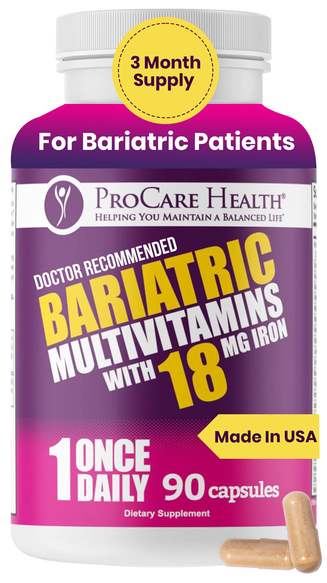 ProCare Health Bariatric Multivitamin with 18mg Iron (3 Month Supply) Post-Op Vitamins Bariatric Surgery Patients, Supports Recovery (90 Easy to Swallow Capsules)