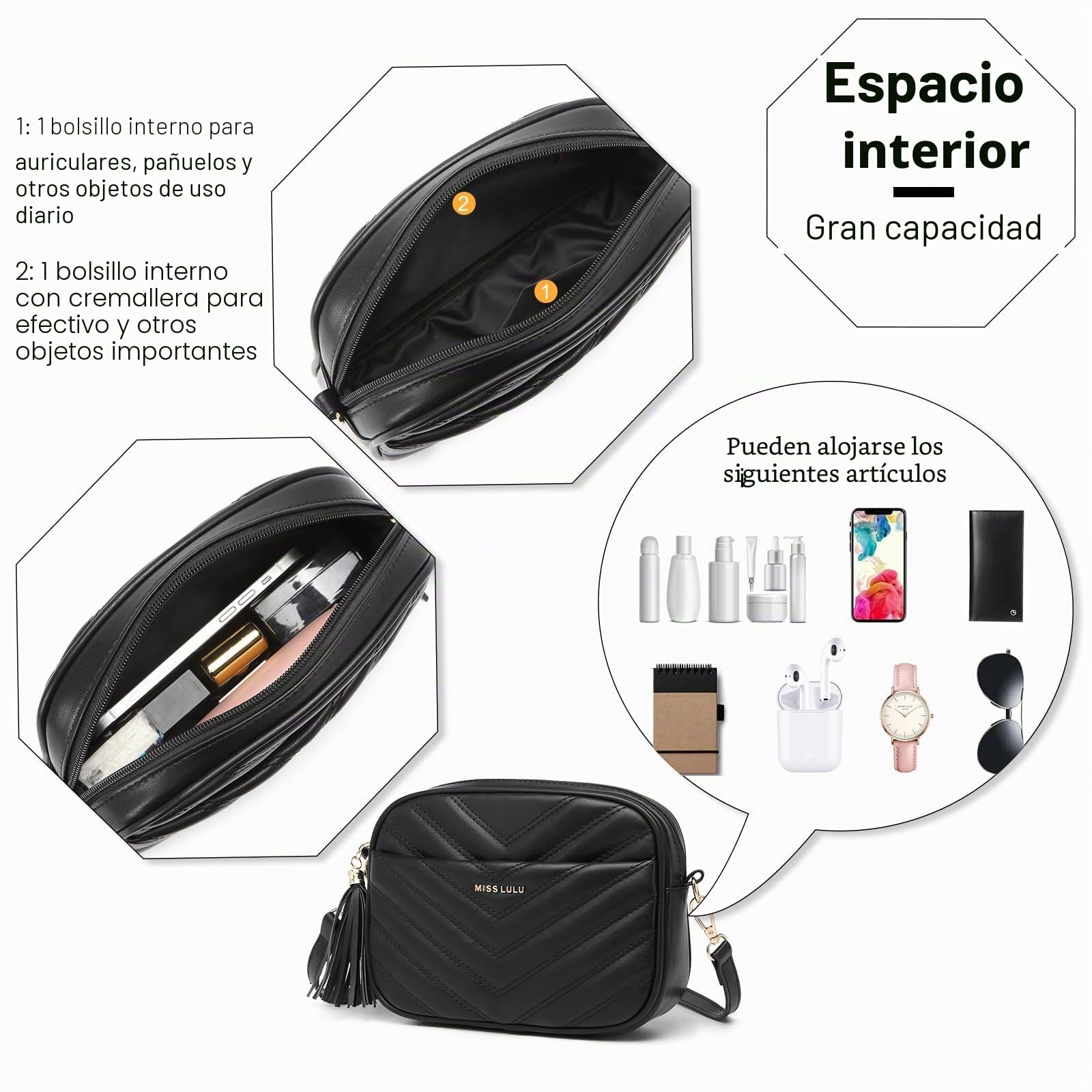 Miss Lulu Bolso bandolera mujer, bolsos mujer pequeño, bolso mujer de piel auténtica, bolso crossbody