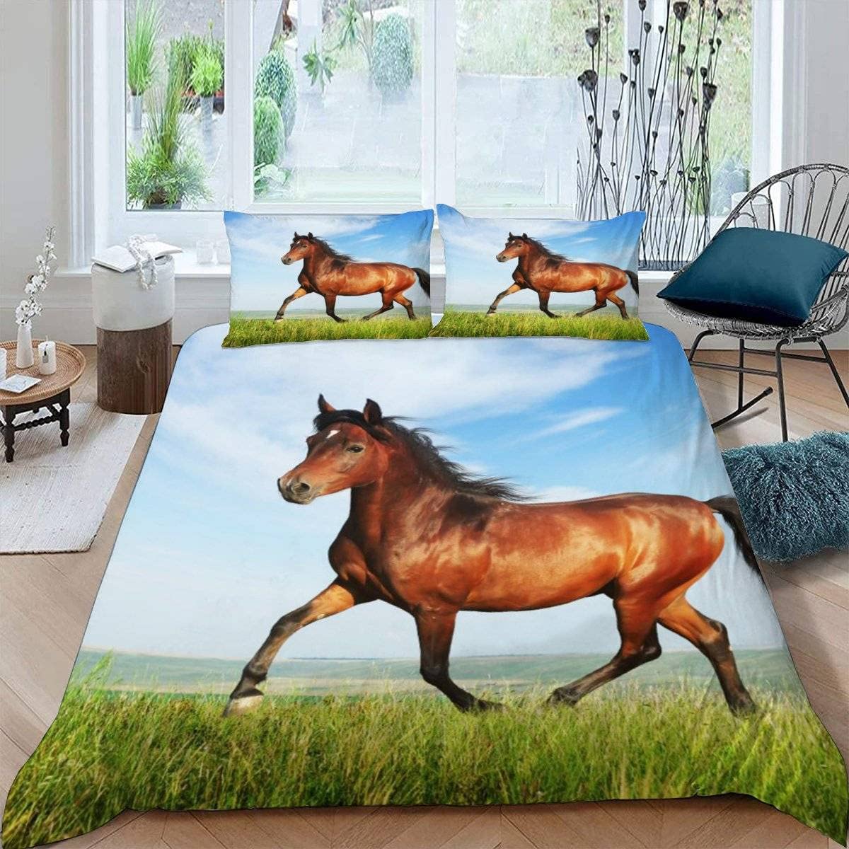 RFFLUX 3D Horse King size Bedding Sets 3 Pieces 220x230 Ultra Soft Microfiber Gallop Horse Duvet Cover with Zipper Closure Easy Care Quilt Cover with 2 Pillowcase for Adults Room Decor
