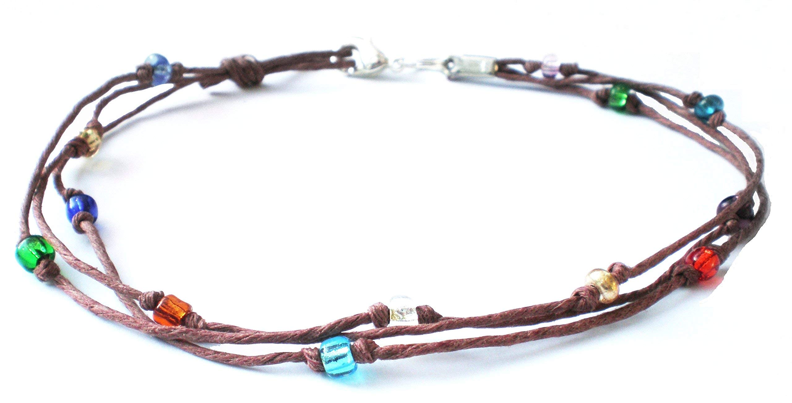 Brown Hemp Multicolor Glass Beaded Three String Anklet - Handmade