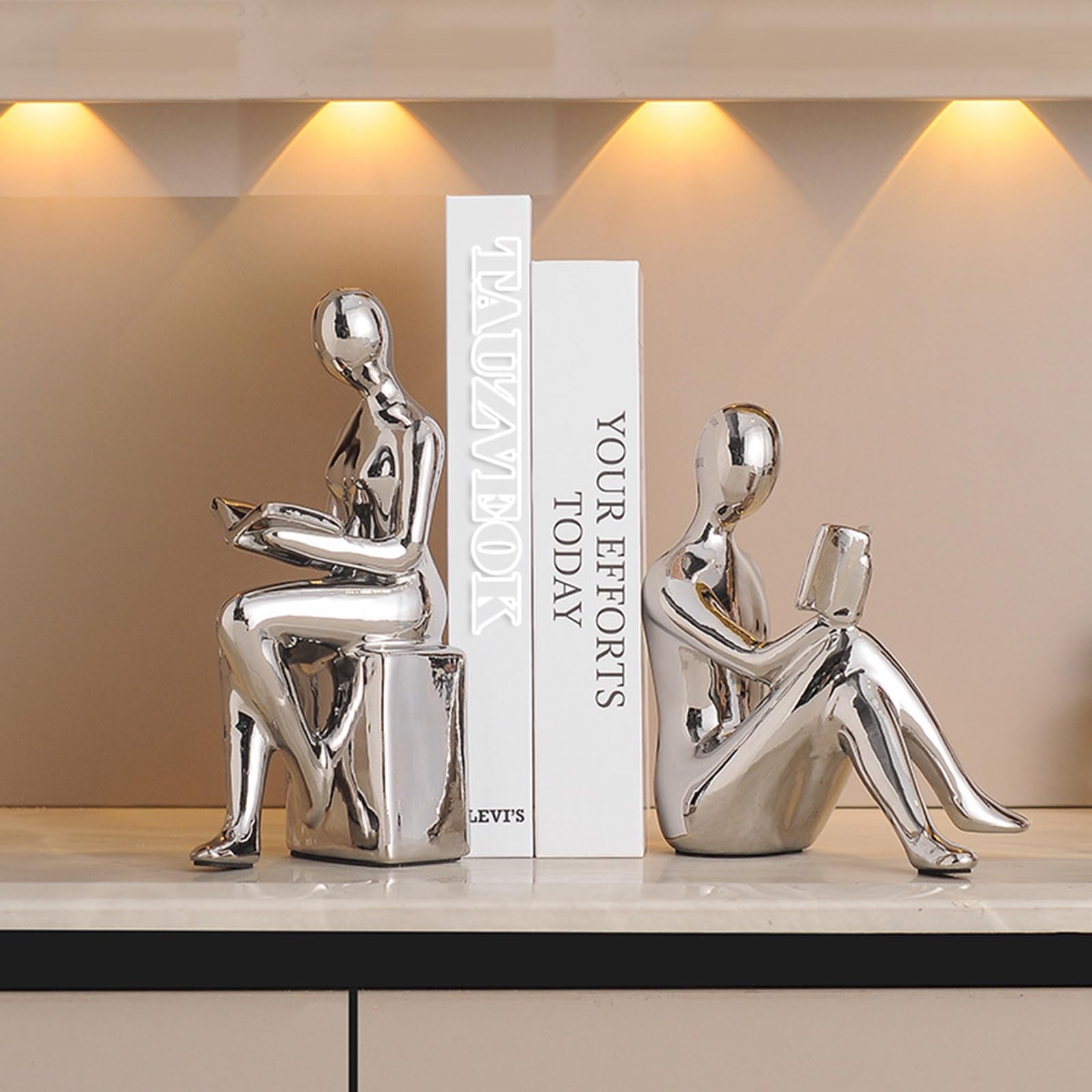 Denker Skulptur Lesen Deko Figuren Keramik Abstrakte Kunst Statue Für Bücherregal Deko Skulpturen, Deko Bücher, Büro Deko, Modern Dekofiguren,Silver a