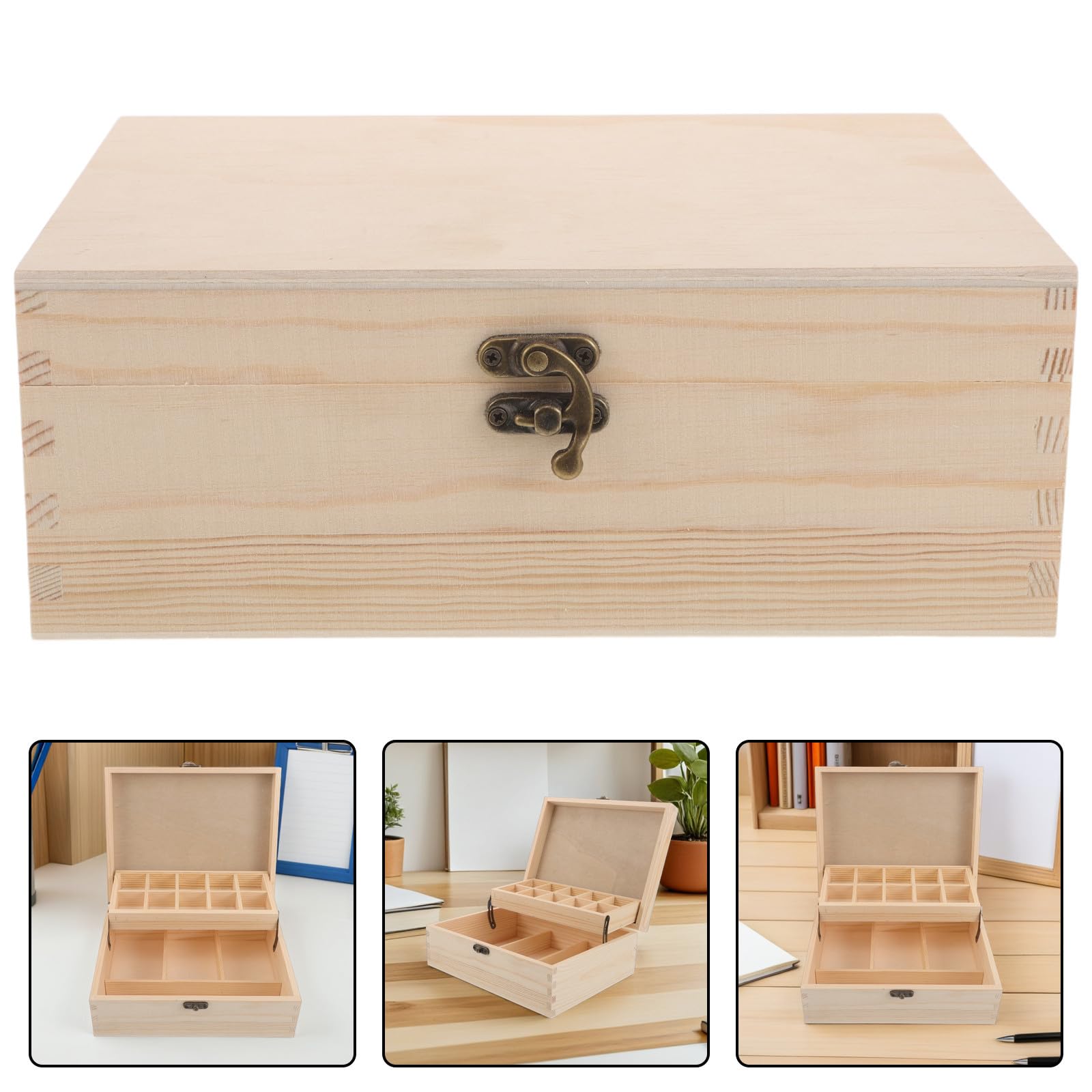 NUOBESTY Scatola in Legno Beige con Coperchio Ribaltabile, Scomparti Multipli e Divisori Trasparenti per Gioielli e Piccoli Oggetti su Comodino o Armadio