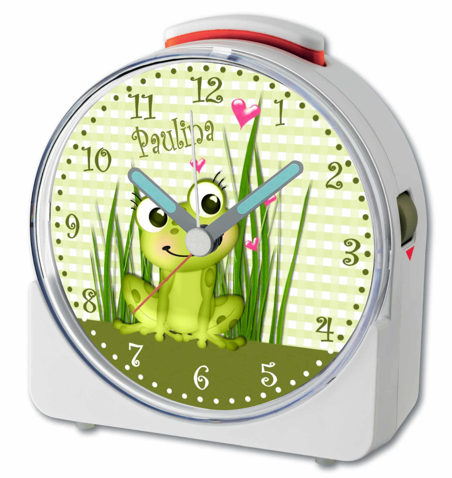 WU-71-1061, Frosch, analog Kinderwecker weiß, Funkwecker mit Sweep-Uhrwerk und fluoreszierenden Zeiger und Licht, personlisiert mit Namen, 10,2 x 4,6 x 11 cm