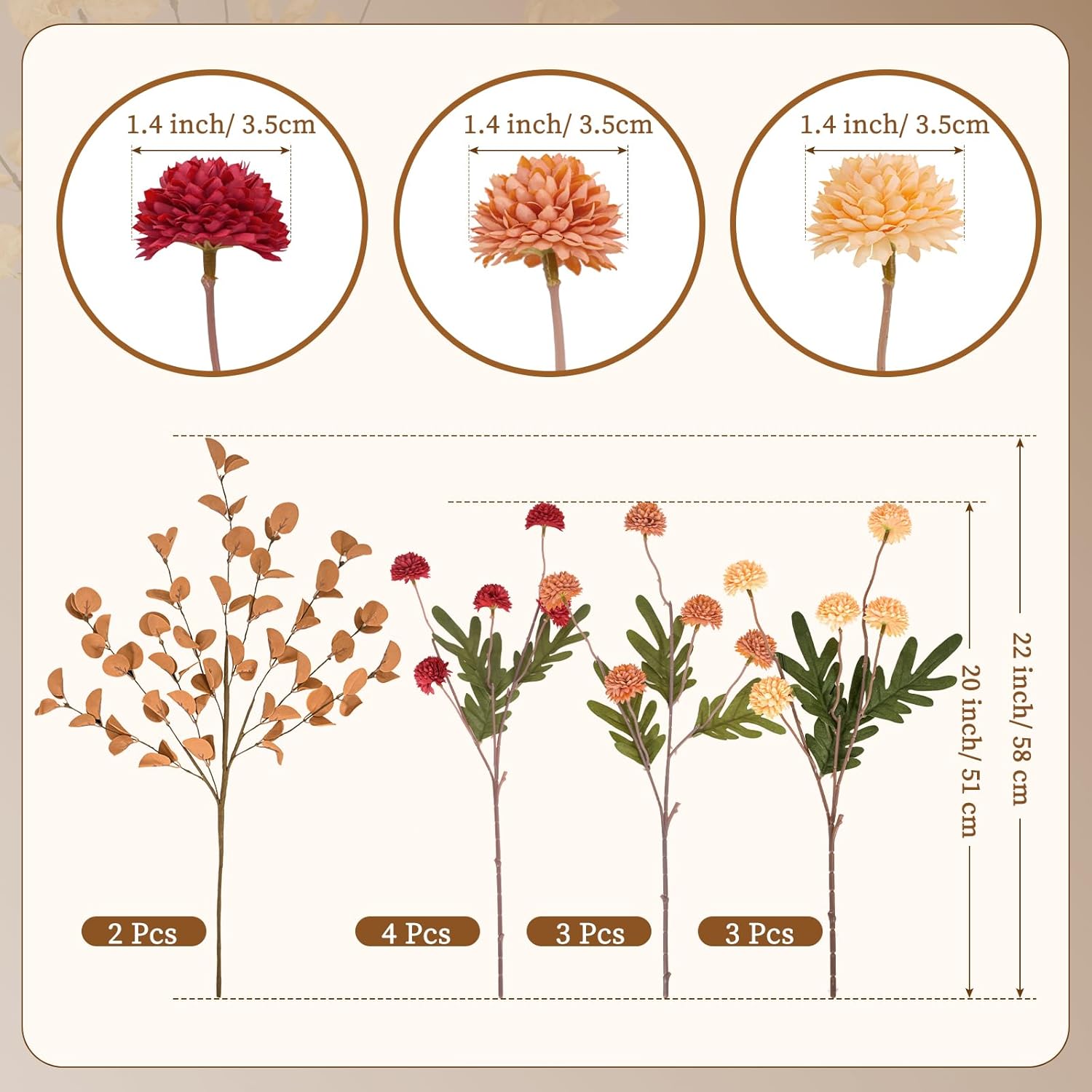 10 Stems Multicolor Artificial Chrysanthemums Flowers with 2 Stems Eucalyptus Leaves, Faux Silk Pompon Mum Bulk Fake Small Mini Mums Flowers for Wedding, Festive Centerpieces and Cheerful Home Decor