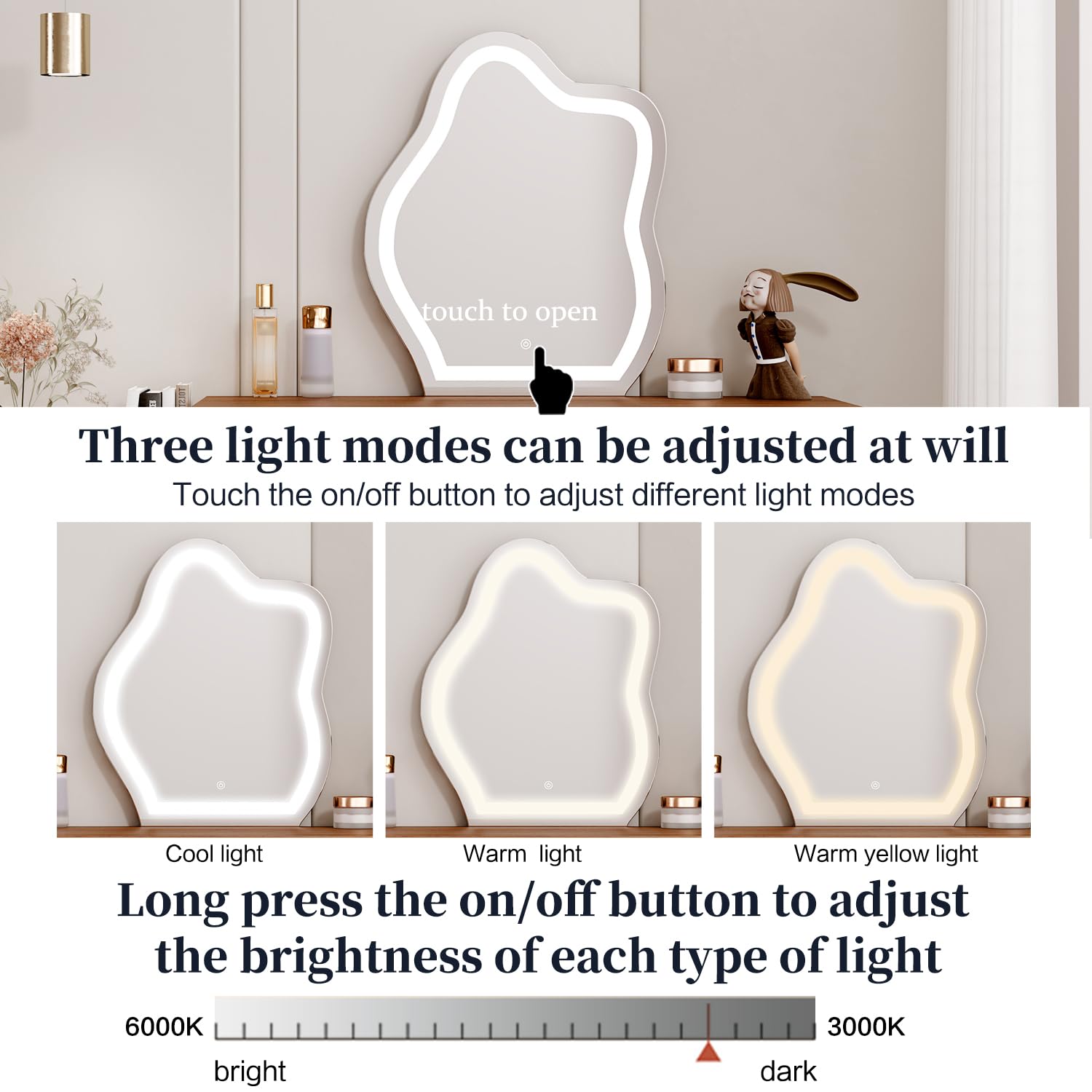 Escritorio marrón con espejo y luces, pequeño tocador de maquillaje con 5 cajones, mesa de maquillaje moderna con gabinete ajustable para dormitorio, sala de maquillaje 9
