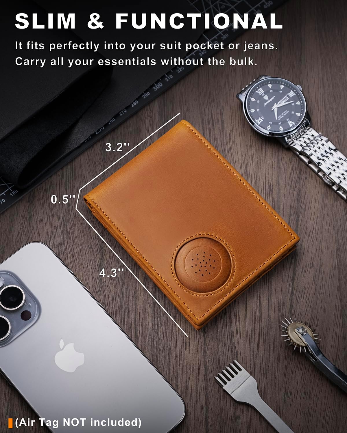 Men's Wallet with Airtag Holder, Full-Grain Leather Wallet for Apple Air Tag (1st & 2nd Generation), Airtag Wallet Men with 2 ID Windows, 13 Card Slots - Image 5