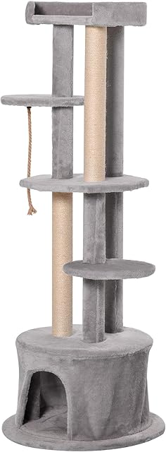 PawHut Cat Tree for Indoor Cats Kitten Tower Multi-level Activity Centre Pet Furniture with Scratching Post Condo Hanging Ropes Plush Perches Grey