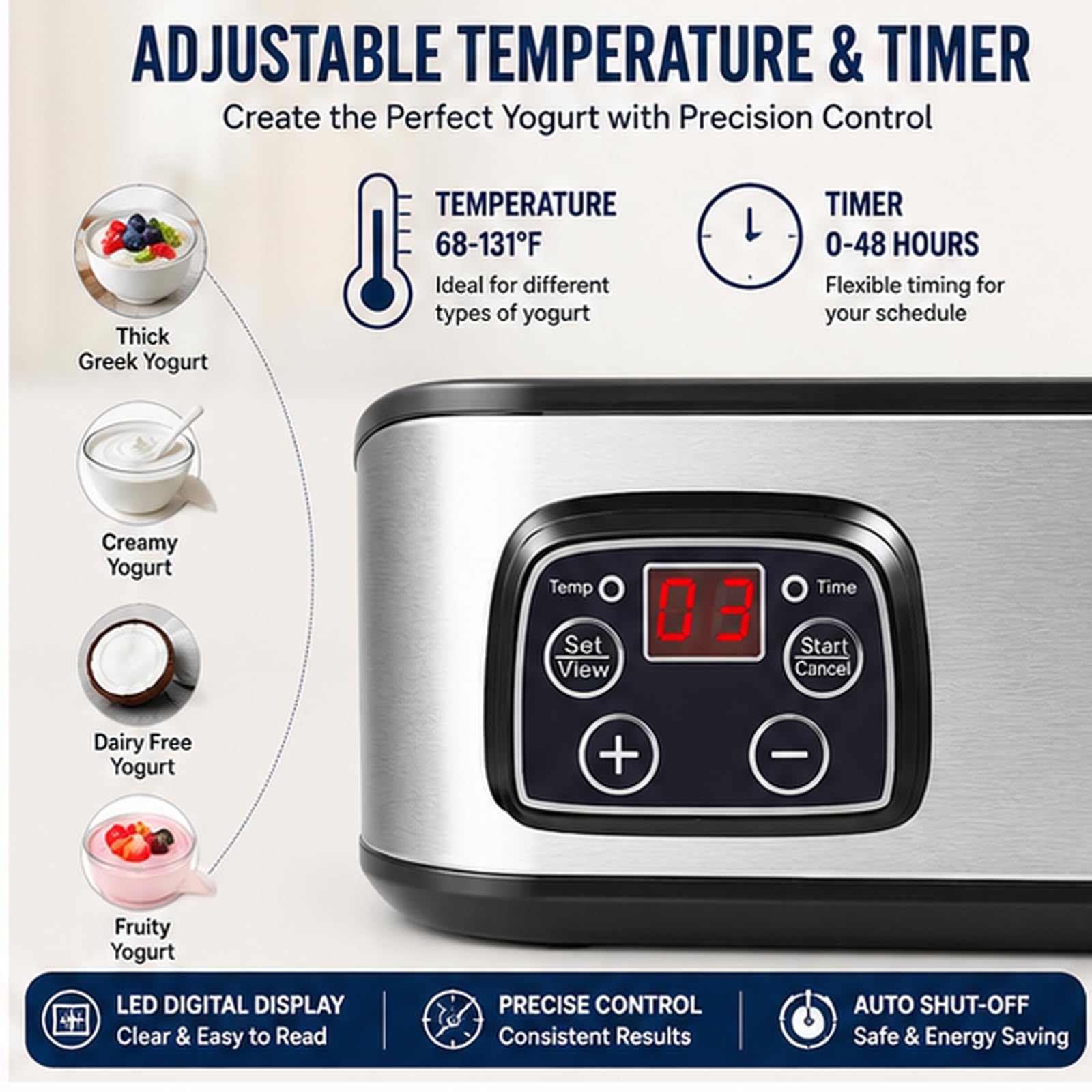 Yogurtiera Automatica da 2000 ml con 2 vasetti di Vetro, Yogurtiera in Acciaio Inossidabile con Display a LED, Controllo Tempo e Temperatura Regolabile fino a 48 Ore, per Yogurt Biologico Fatto in Cas