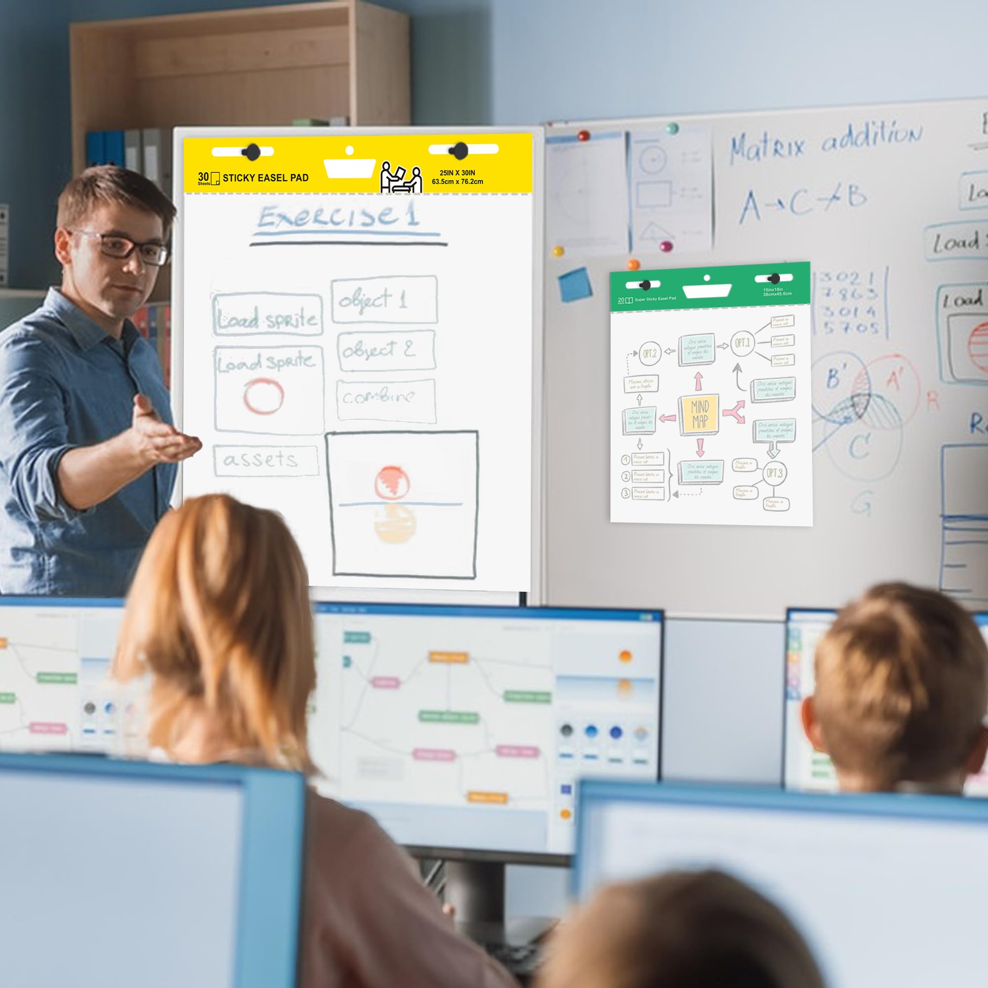 YNXPTBNC 2 x selbstklebende Staffeleiblöcke, 63,5 x 76,2 cm, Flipchart-Papier für Lehrer, selbstklebendes Staffelei-Papier für Whiteboard, großes weißes Premium-Klapphart-Papier, 30 Blatt/Block