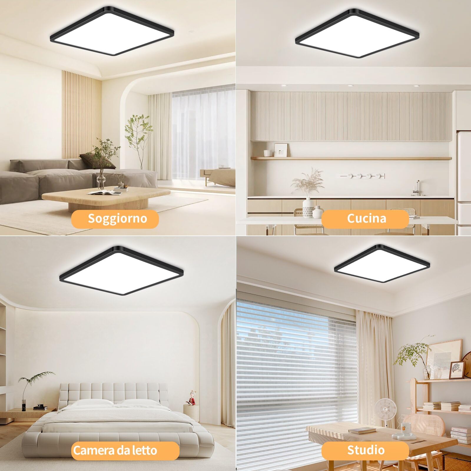 Plafoniera Soffitto 29CM, 24W 3200LM Lampada da Soffitto 6000K/4000K/3000K IP54 Impermeabile Quadrata Piatta Plafoniere Moderno Sottile per Soggiorno Bagno Cameretta Cucina Balcone Ufficio