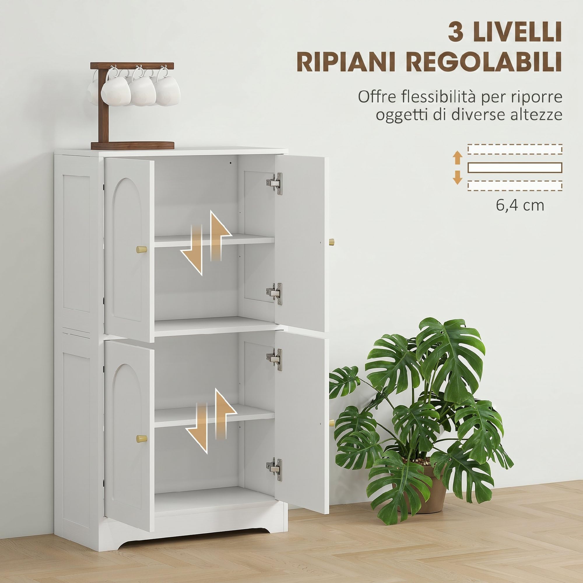 HOMCOM Credenza Cucina, Mobile Cucina Dispensa con 2 Armadietti, 4 Ante ad Arco, 2 Ripiani Regolabili, con Dispositivo Antiribaltamento, 60x30x110 cm, per Sala da Pranzo, Soggiorno, Bianco