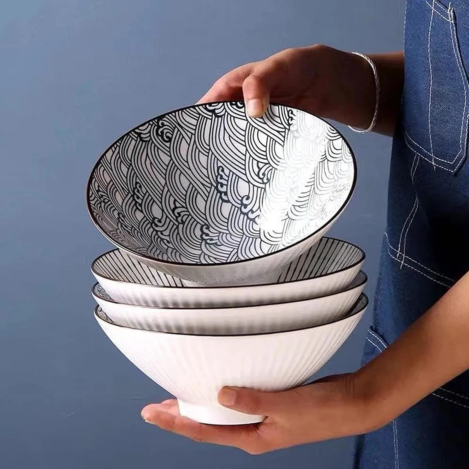 Japońska miska do ramenu, zestaw ceramicznych misek do zupy, ryżu, pho, makaronu lub płatków śniadaniowych, nadaje się do kuchenki mikrofalowej i zmywarki, 20 cm porcelanowa zastawa obiadowa, zestaw