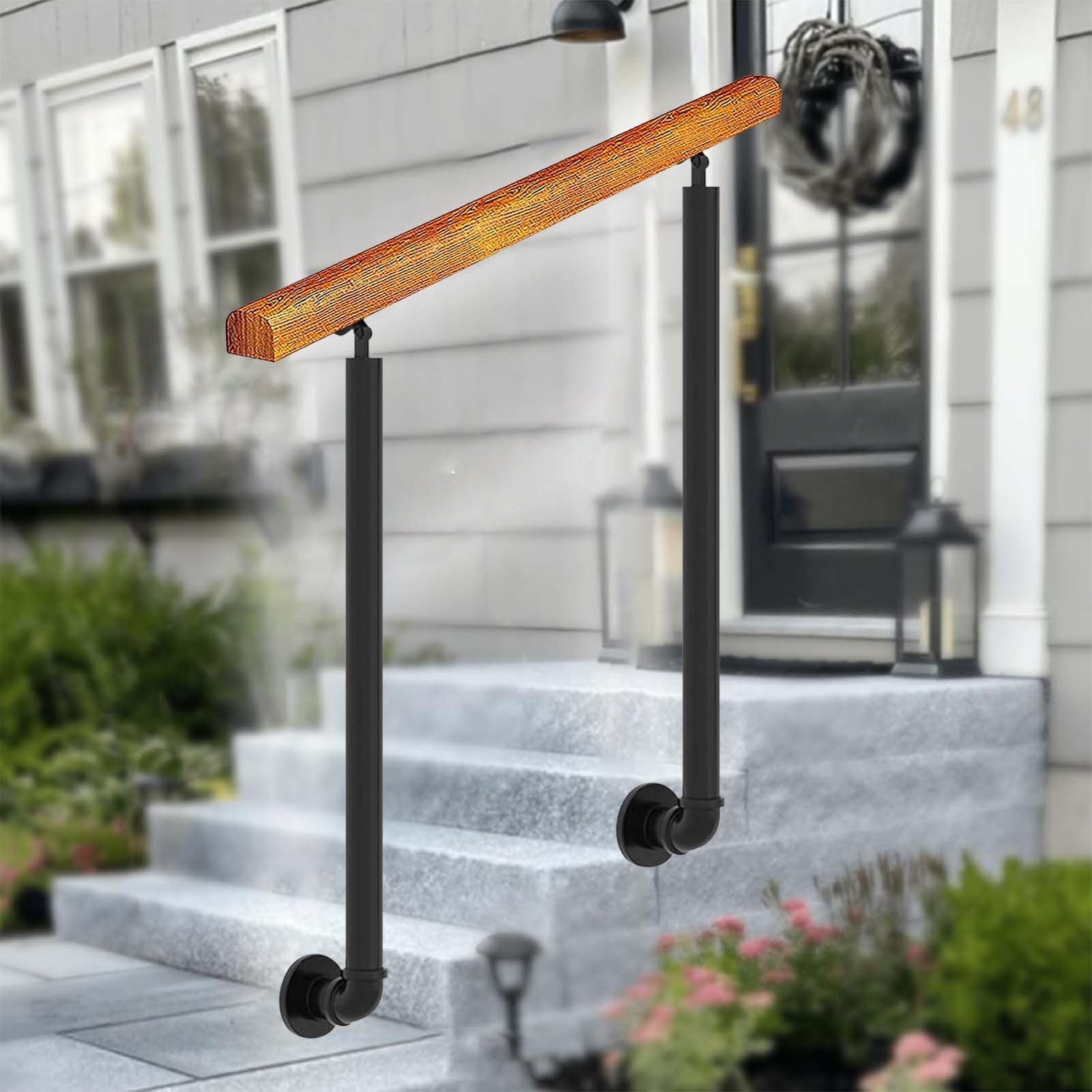 GLDYTVF Wooden Handrail for Outdoor Steps 60-150cm, House Entrance Railing with Wrought Iron Posts, Adjustable Angle Hand Rail for Stairs Side Mounting(Length 35inch)