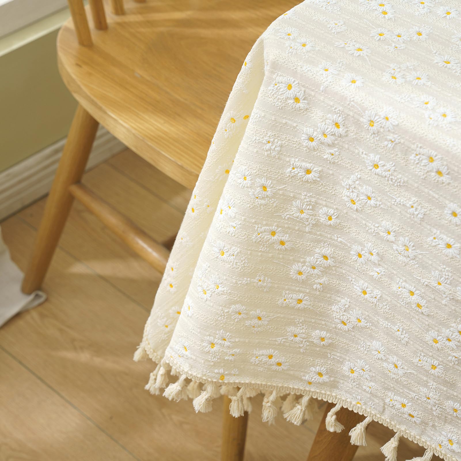 Abwaschbar Tischdecke mit Quaste 140x260cm, Eckig Baumwolle Leinen Tischtuch Tischwäsche Pflegeleicht Garten Zimmer Tischdekoration, für Esszimmer, Garten, Hochzeiten Oder Haushalt