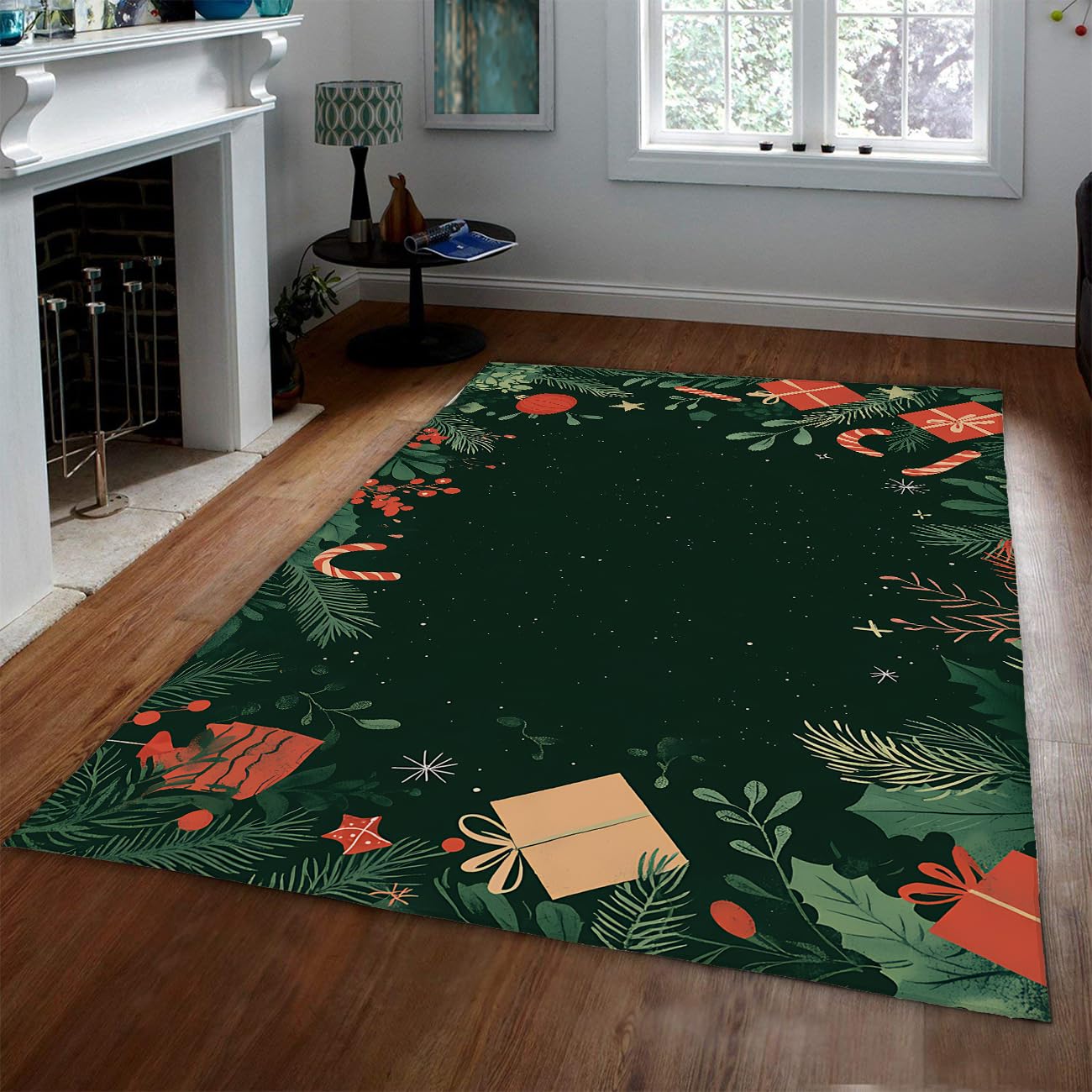 Tapis antidérapant lavable Noël tapis feuilles plante vertes doux poil bas salon
