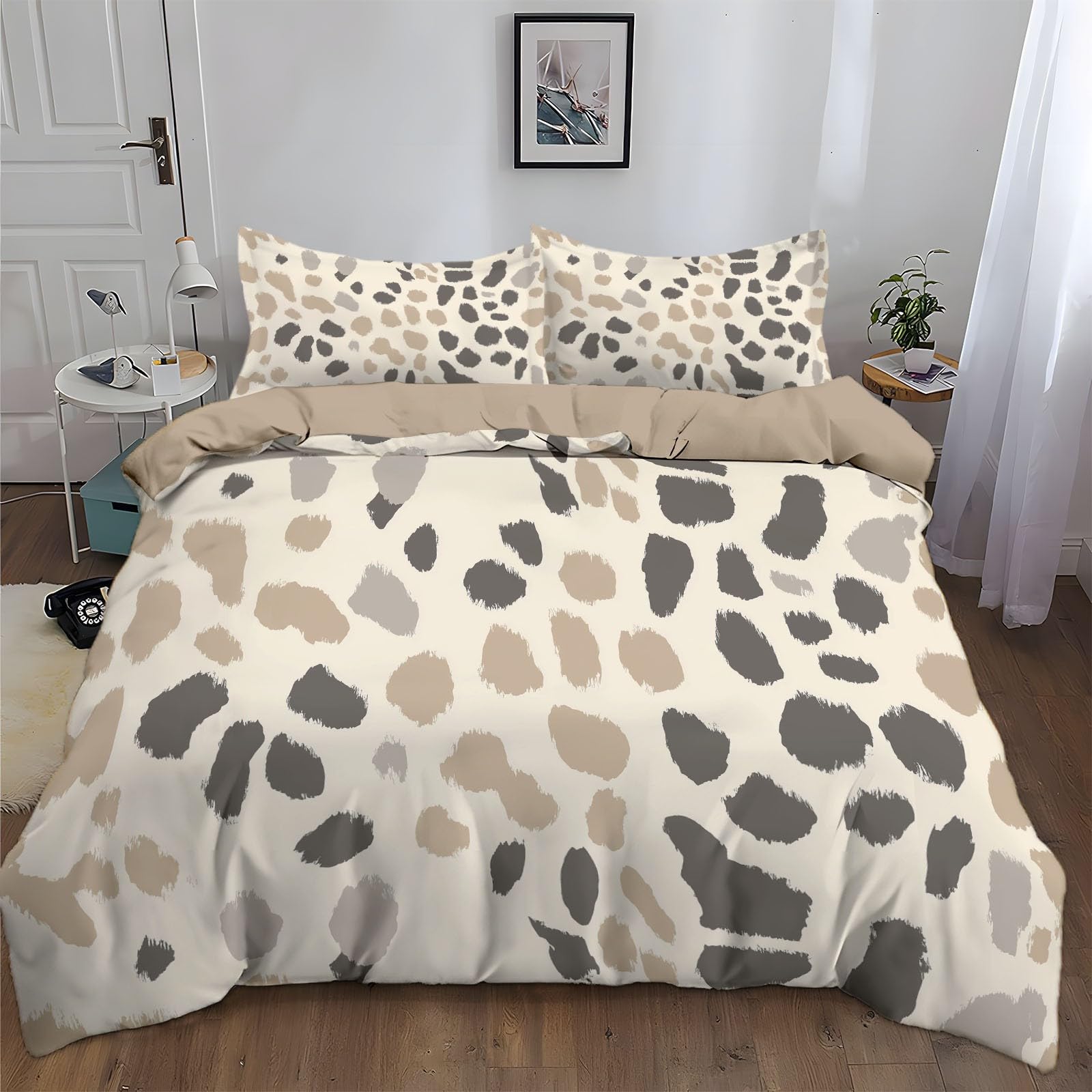 Juego de Funda Nórdica Cama 150 Leopardo Simple Gris Beige 220x240 cm Juego de 3 Piezas Ropa de Cama, Funda Edredon Suave Antialérgica Poliéster Algodón y Fundas de Almohada