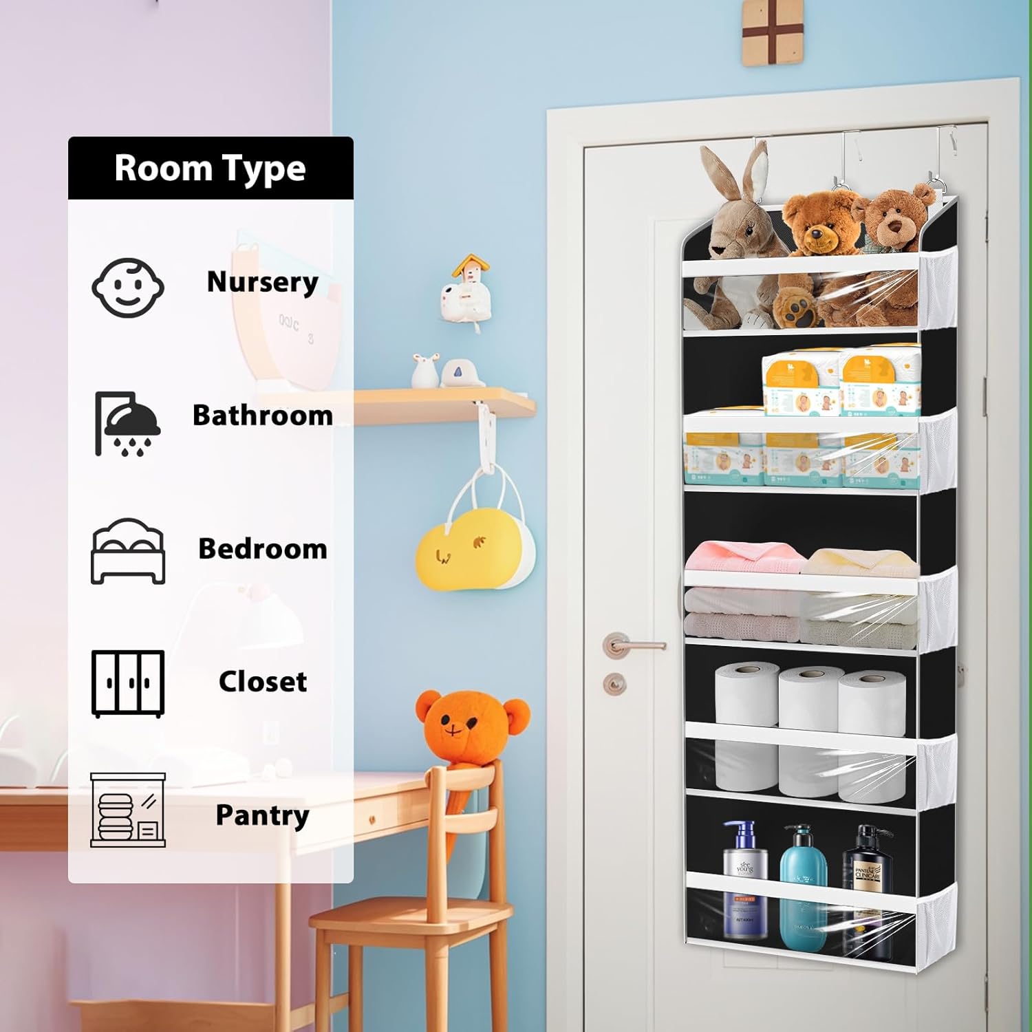 KYEVIS Over the Door Hat Organizer for Baseball Caps, Hold up to 60 Hats Rack Storage for Door/Closet/Wall, Clear Pockets Hanging Hat Holder for Baseball Caps with 10 Mesh Pockets, Black