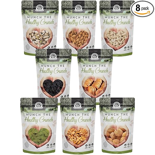 WONDERLAND FOODS Healthy Nuts Dry Fruits Combo Pack of 8 Pistachios 100g, Almond 100g, Cashew 100g, Black & Golden Raisins 100g, Anjeer 100g, Walnut Kernel 100g, Dried Apricot 100g