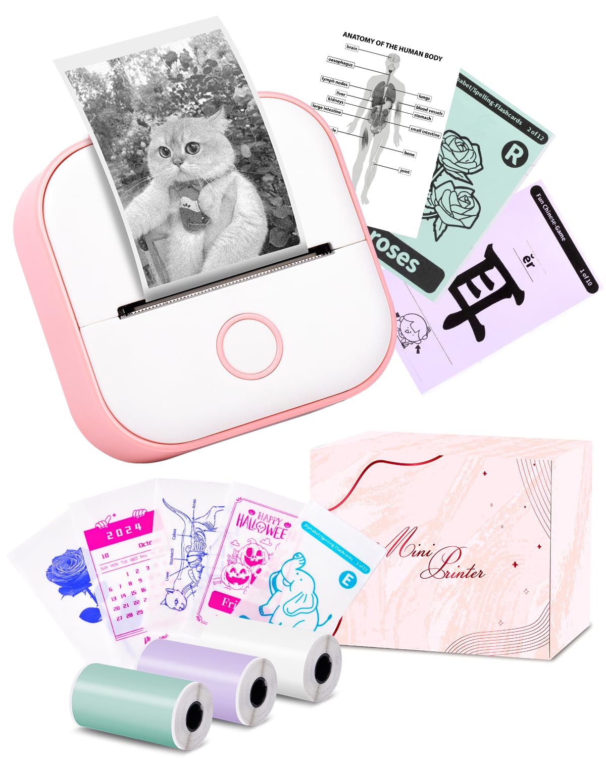 Mini Sticker Printer T02 Small Thermal Printer for Phone, Portable Wireless Note Printer with 3 Rolls Paper for Children’s Day Birthday, Compatible with iOS & Android, Pink