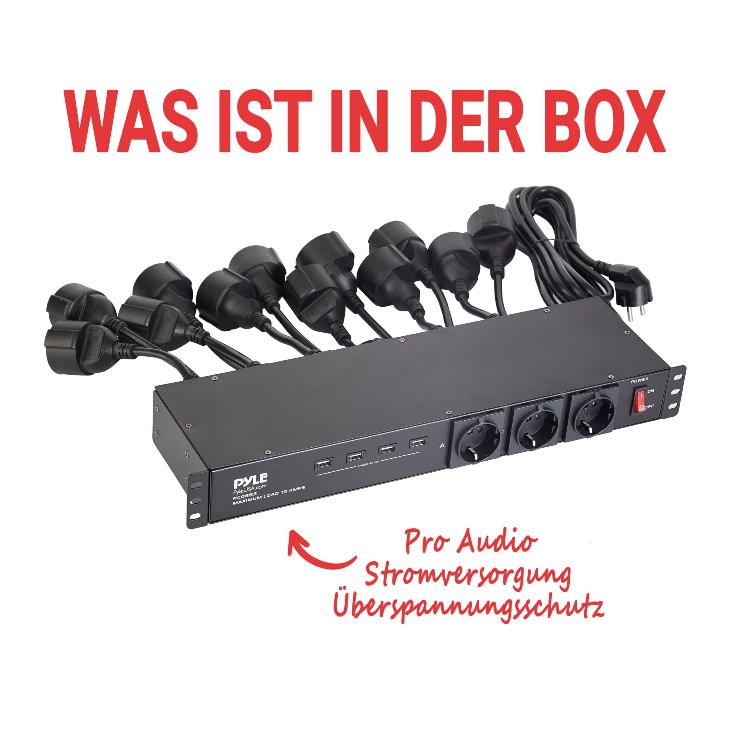 Pyle Stromverteiler- 1U Rack, Mehrfachsteckdose mit 12 Fest Verkabelten Ausgängen, 3 Frontsteckdosen & 4 USB-Ports (5V/2A), 5 m Netzkabel, Metallgehäuse, Rack-PDU für Studio, Bühne & Installation