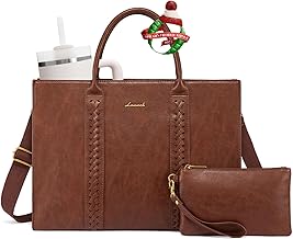 LOVEVOOK Laptop Tote Bag for Women, Vintage Leather Work Bag With Cup Holder, Waterproof Computer Purse, Professional Briefcase Office Shoulder Handbag, 15.6 Inch, Brown