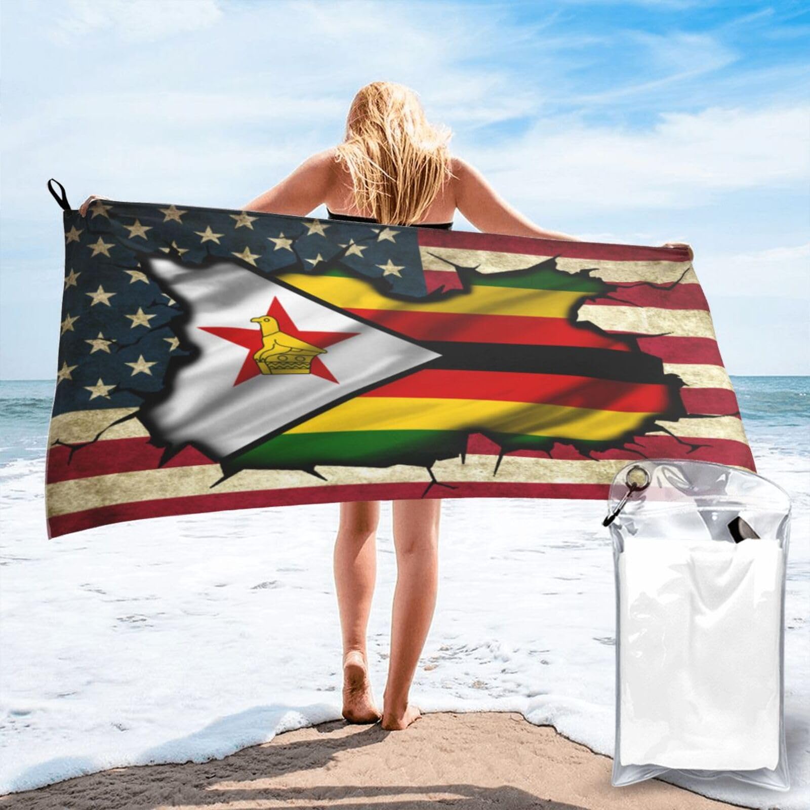 HACXZ Vintage America Flag and Zimbabwe Flag Absorbent Beach Towel Microfiber Beach Towel Lightweight 31.5"X63"