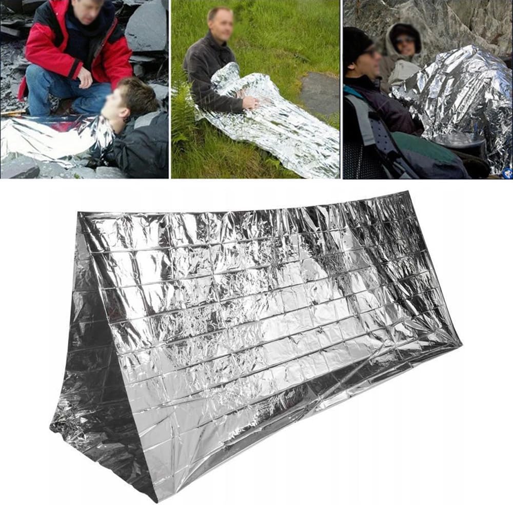 Lot de 20 couvertures d'urgence en Mylar, 160 x 210 cm, Double Face, argentées, pour Le Froid, équipement et Fournitures de Survie pour Premiers Secours, randonnée et abris.