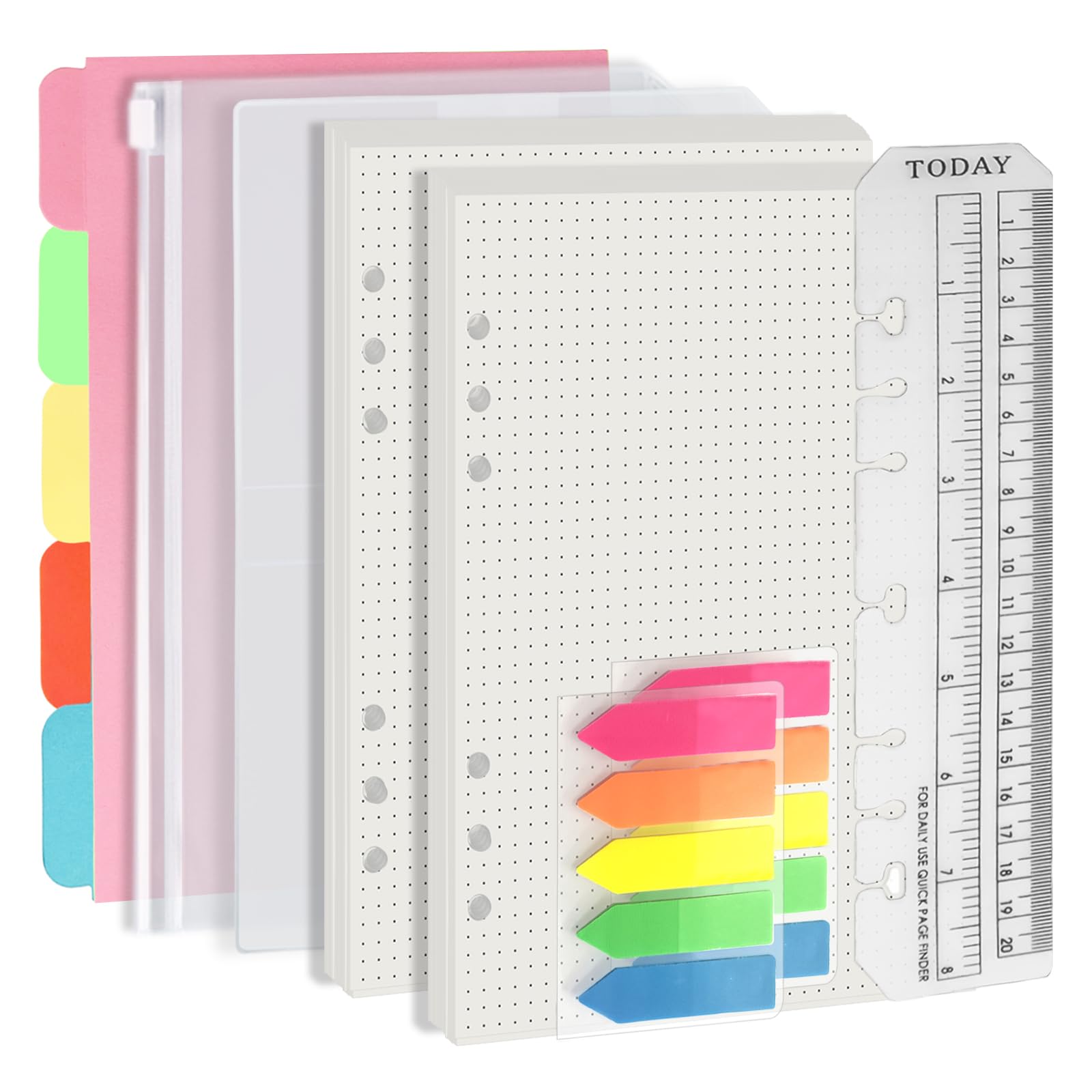A5 6 Holes Binder Refill Value Set, 90 Sheets Dotted Planner Insert, 5 Sheets Binder Divider Paper, Today Bookmark Ruler With Inch Scale, Translucent Zippered Bag, Pvc Card Bag, 160Pcs Colorful Index