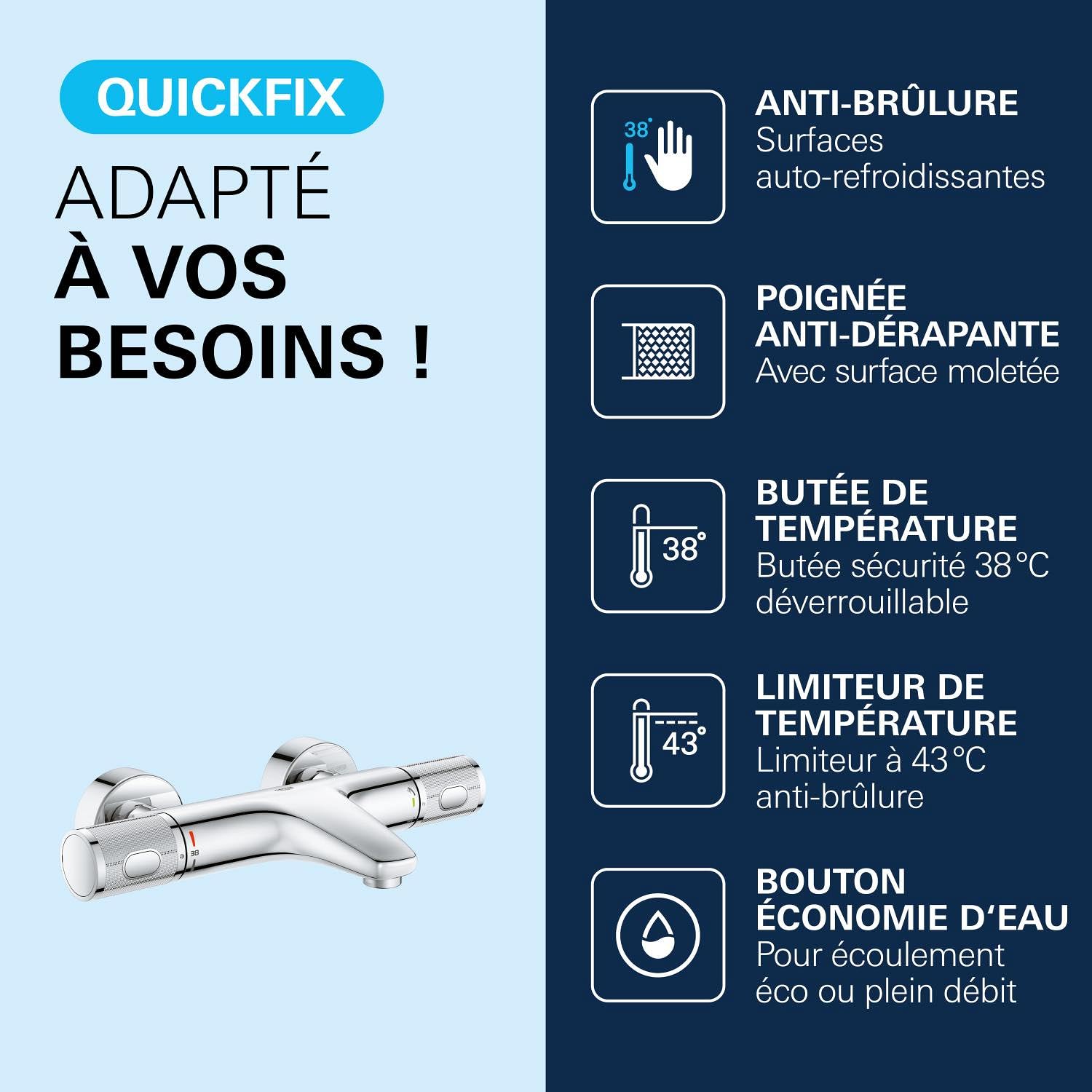 GROHE Mitigeur thermostatique douche Precision Feel, montage mural, indicateur de température, filtres intégrés, poignées métalliques, rosaces incluses, chromé, 34788000 (Import Allemagne)