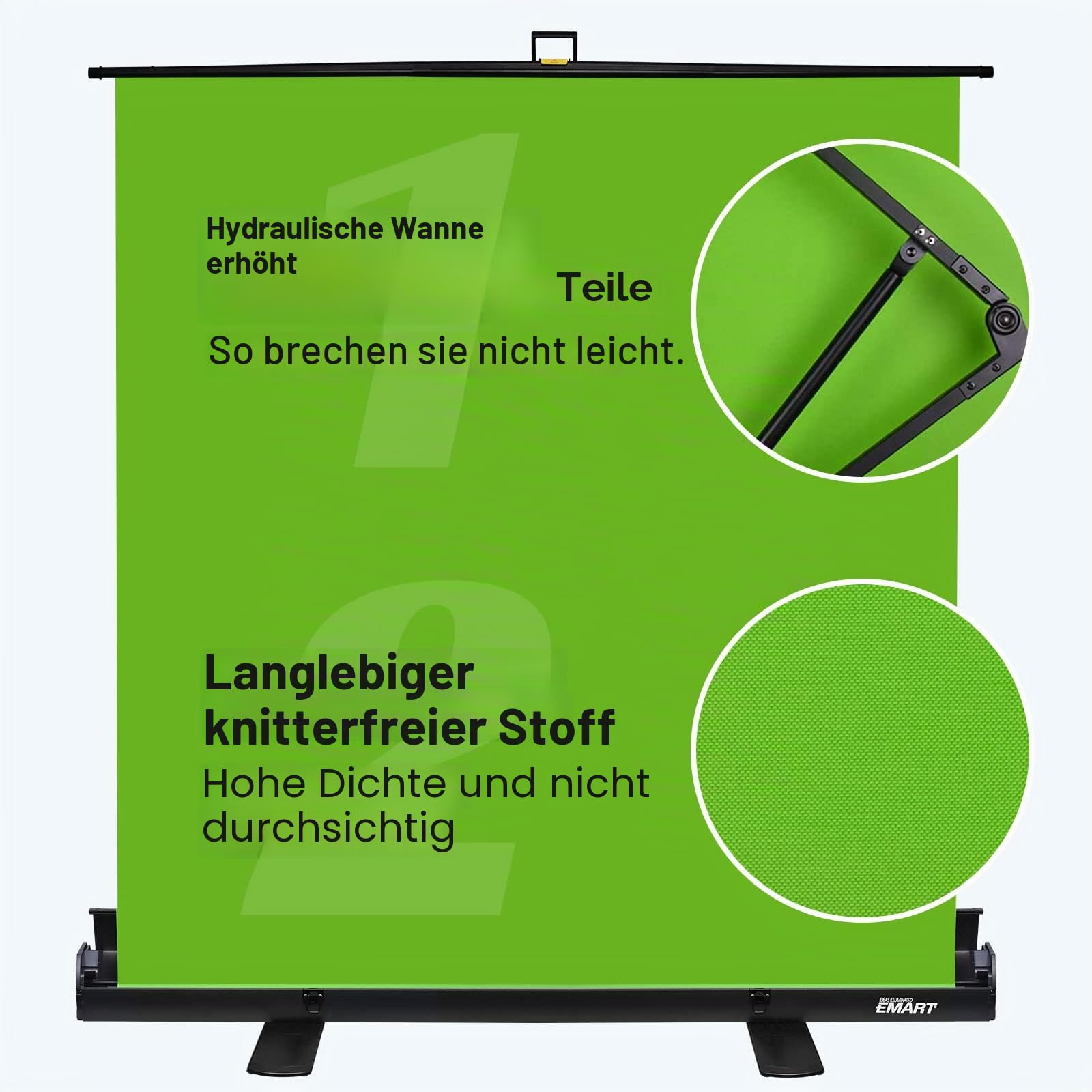 EMART Green Screen 155 x 184 cm, Greenscreen Rollup Fotohintergrund | Grüner Foto Hintergrund mit Ständer, Fotostudio, Streaming, Videokonferenzen, TikTok, Zoom