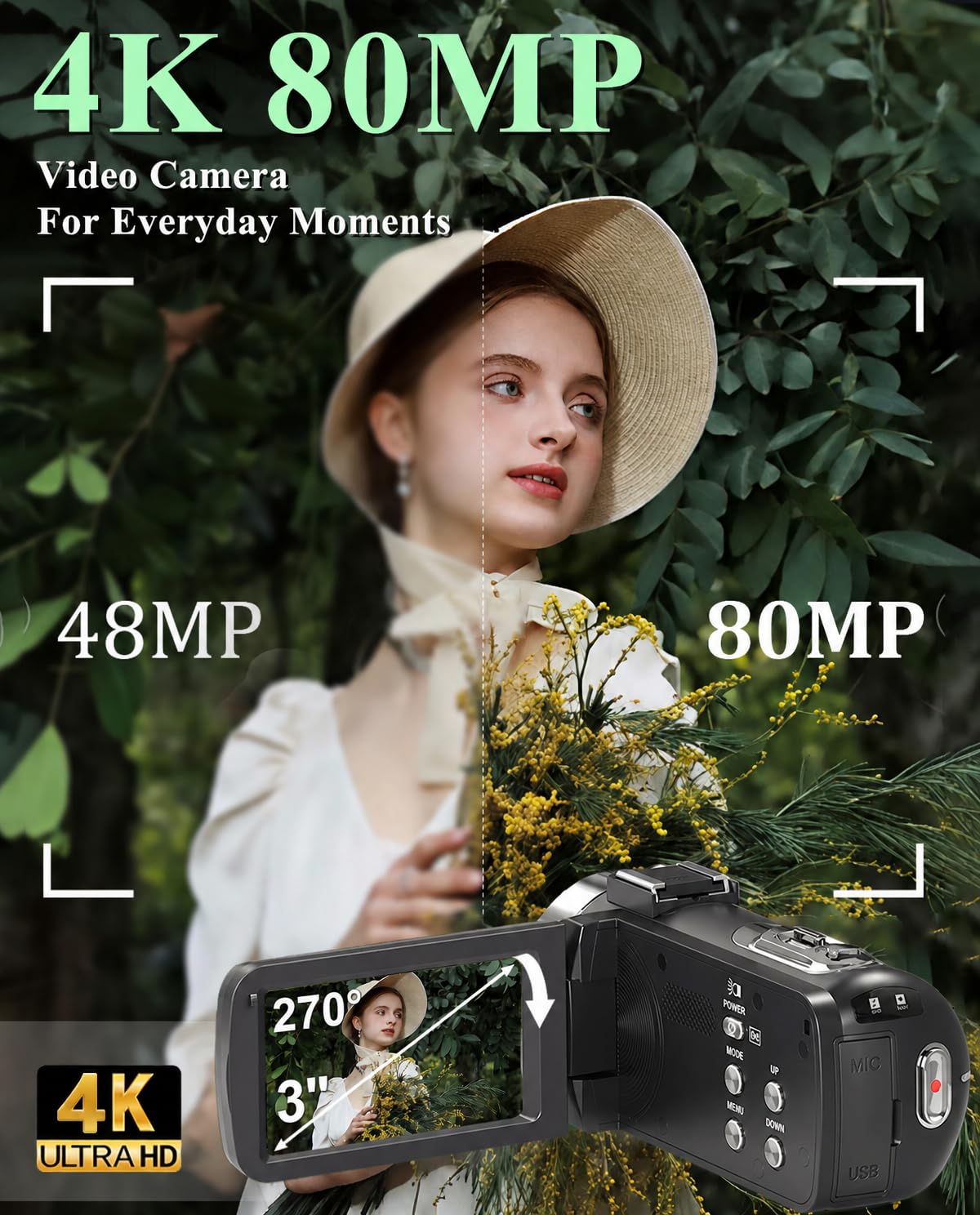 Videocamera 4K UHD 80MP IR Visione Notturna Vlogging Camera per YouTube Zoom Digitale 18X Videocamera Autofocus 3 pollici Rotazione 270 ° Schermo IPS Video Recorder con 32G SD Card, Copriobiettivo, 2