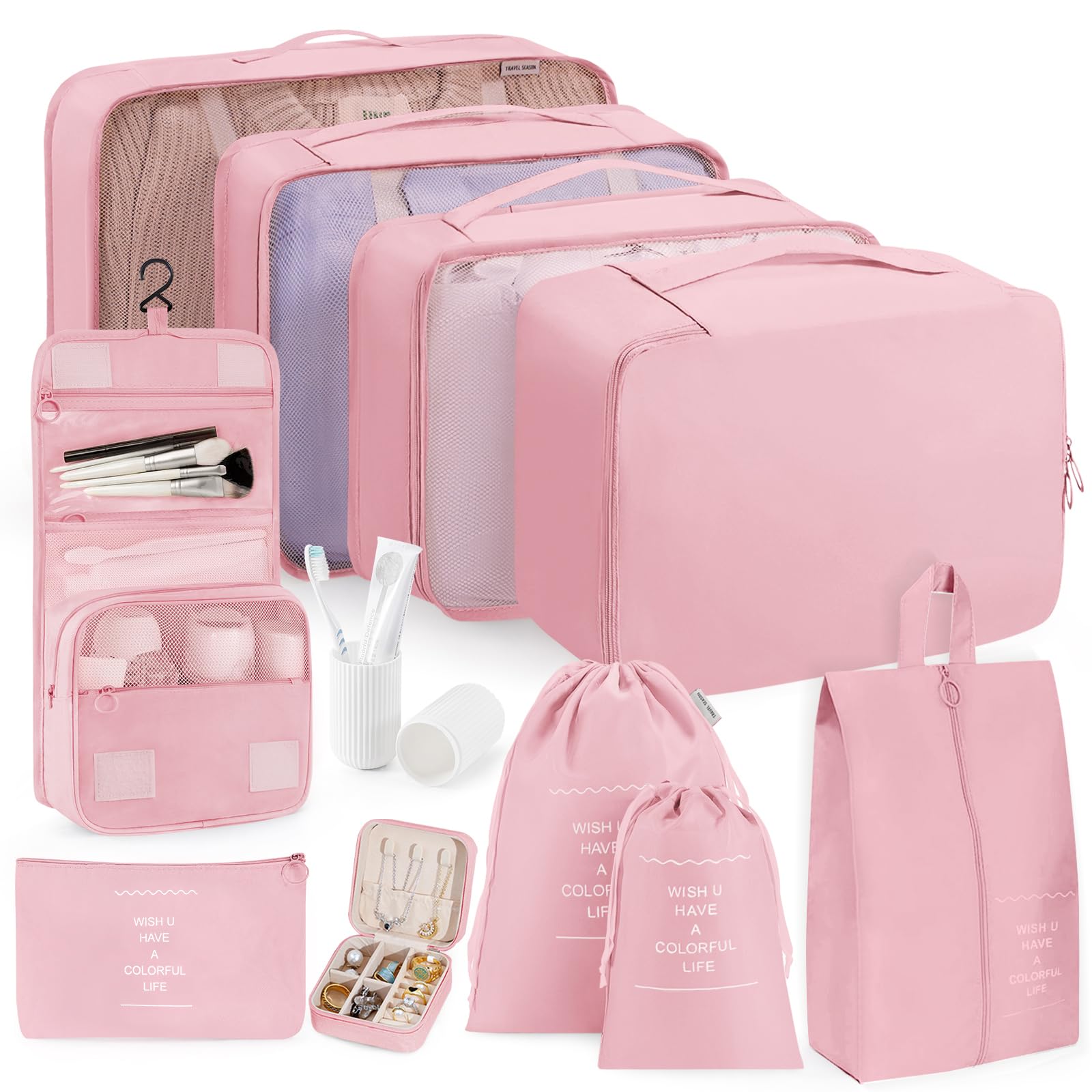 TRMFUSA Packing Cubes 11 Set, Suitcase Organizers, Luggage Organizer Bags, Packing Cubes for Travel, with Toiletry Bag, Travel Essentials,Pink