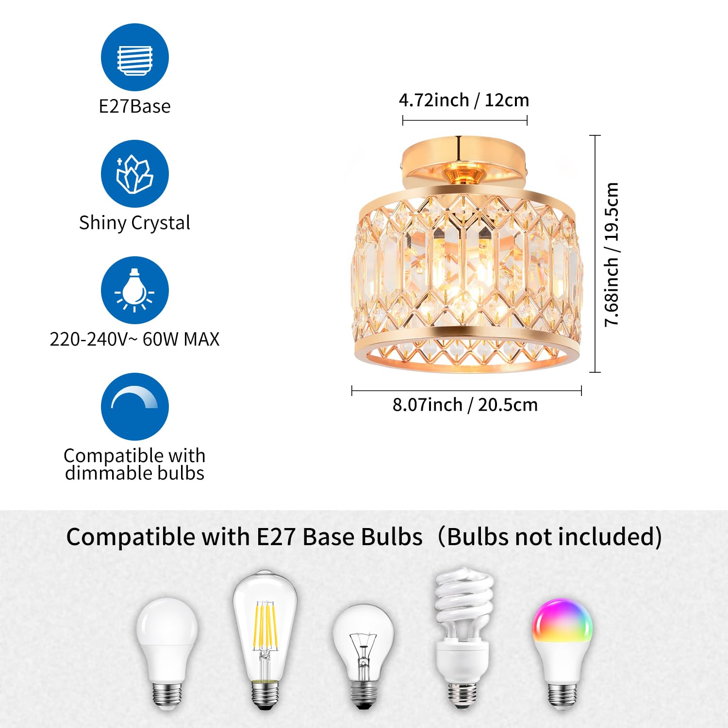 ANWIO Hallway Lights Ceiling,Ceiling Light Living Room,Kitchen Lights Ceiling,E27 Light Shade Lamp,Gold Chandelier,Morden Crystal Lounge Light Ceilings (LAMP DIAM 20.5CM) - Image 3