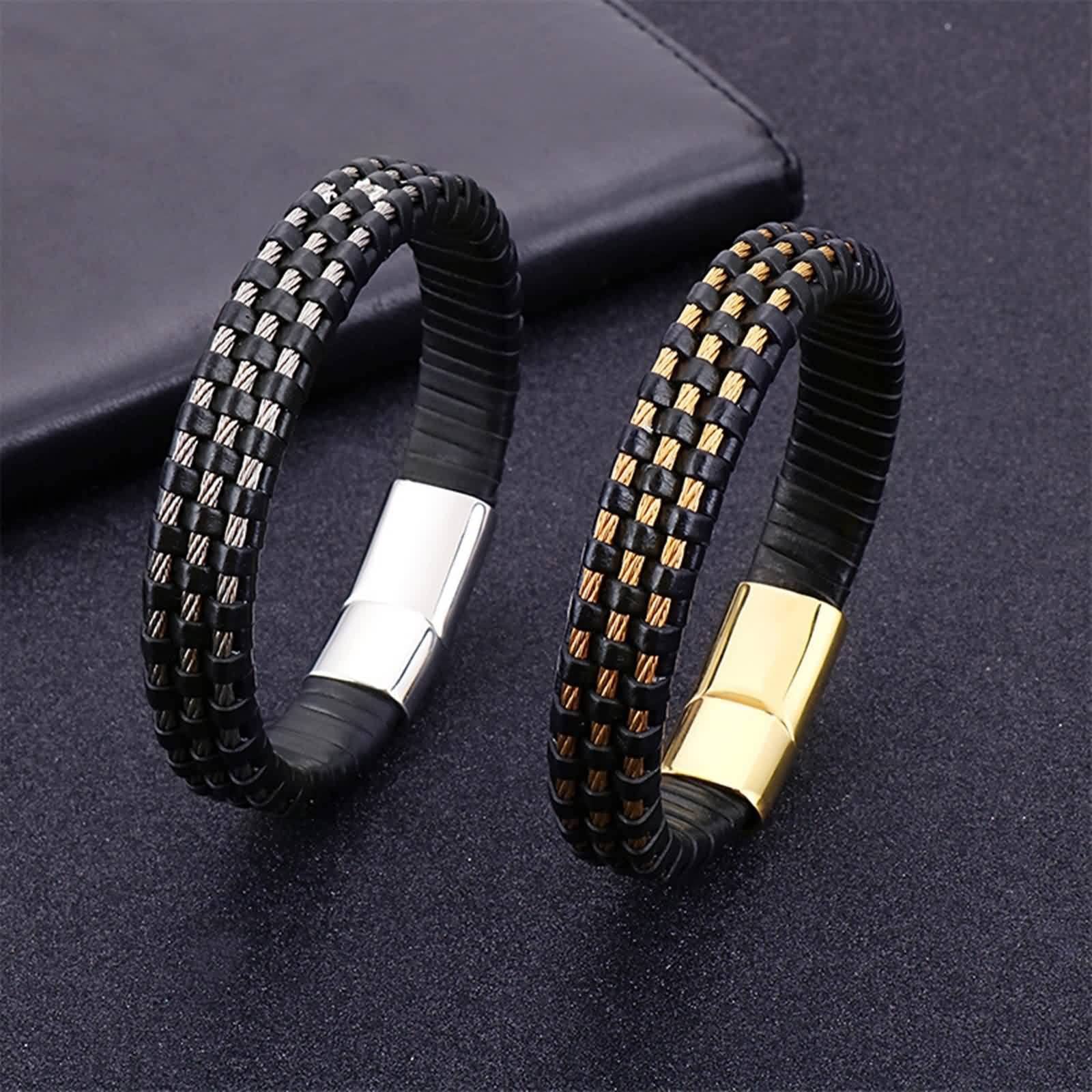 Bracelet en Cuir pour Homme, Bracelet Vintage Homme Acier Inoxydable Tisser Cool Mode Bijoux Cadeau